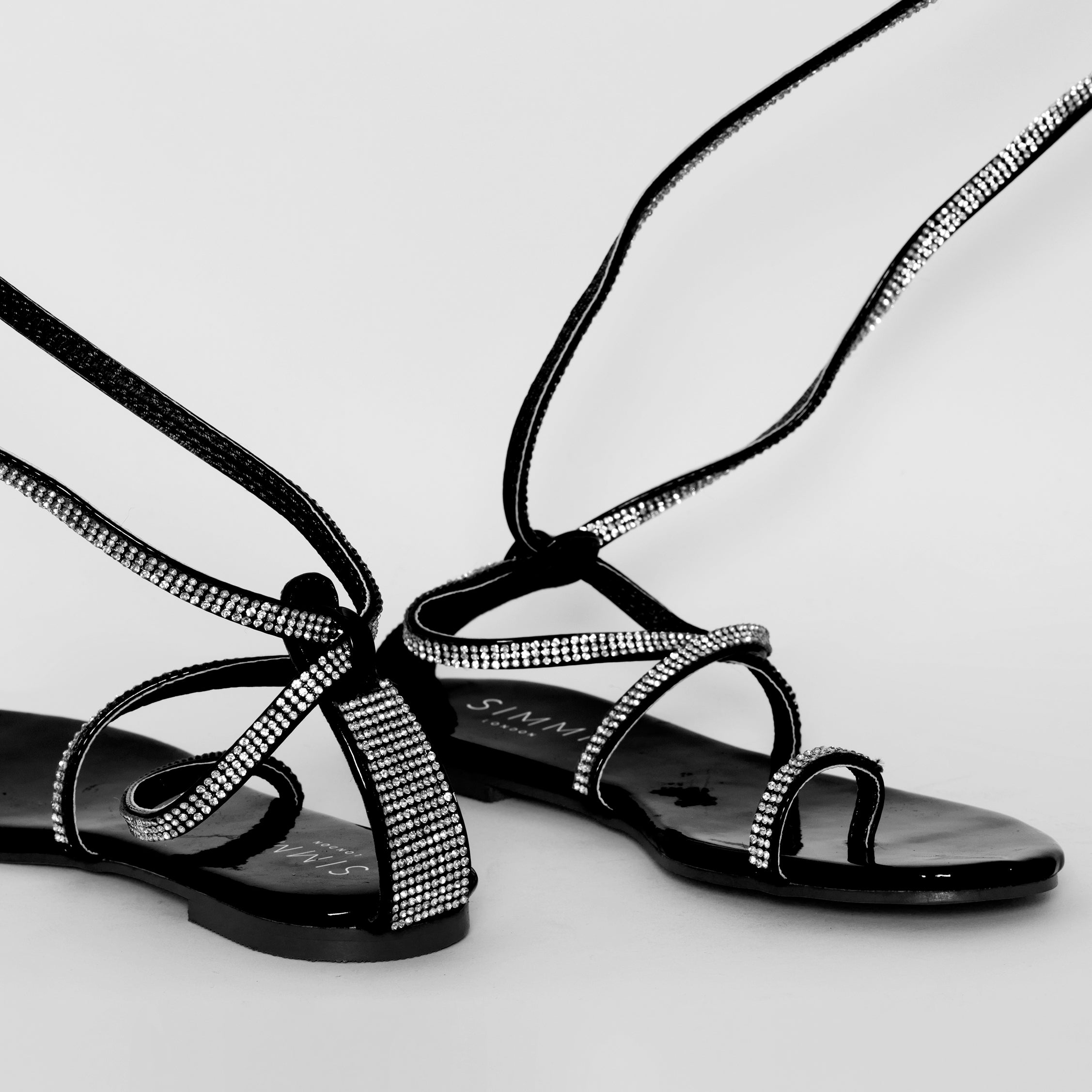 Averie Black Patent Lace Up Diamante Sandals | SIMMI London
