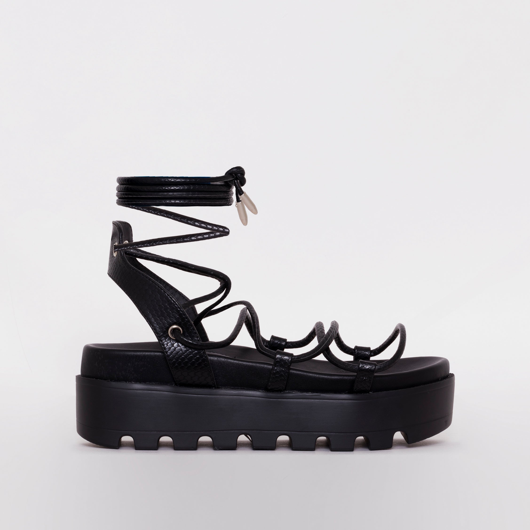 SIMMI SHOES / THOMA BLACK LIZARD PRINT LACE UP FLATFORMS