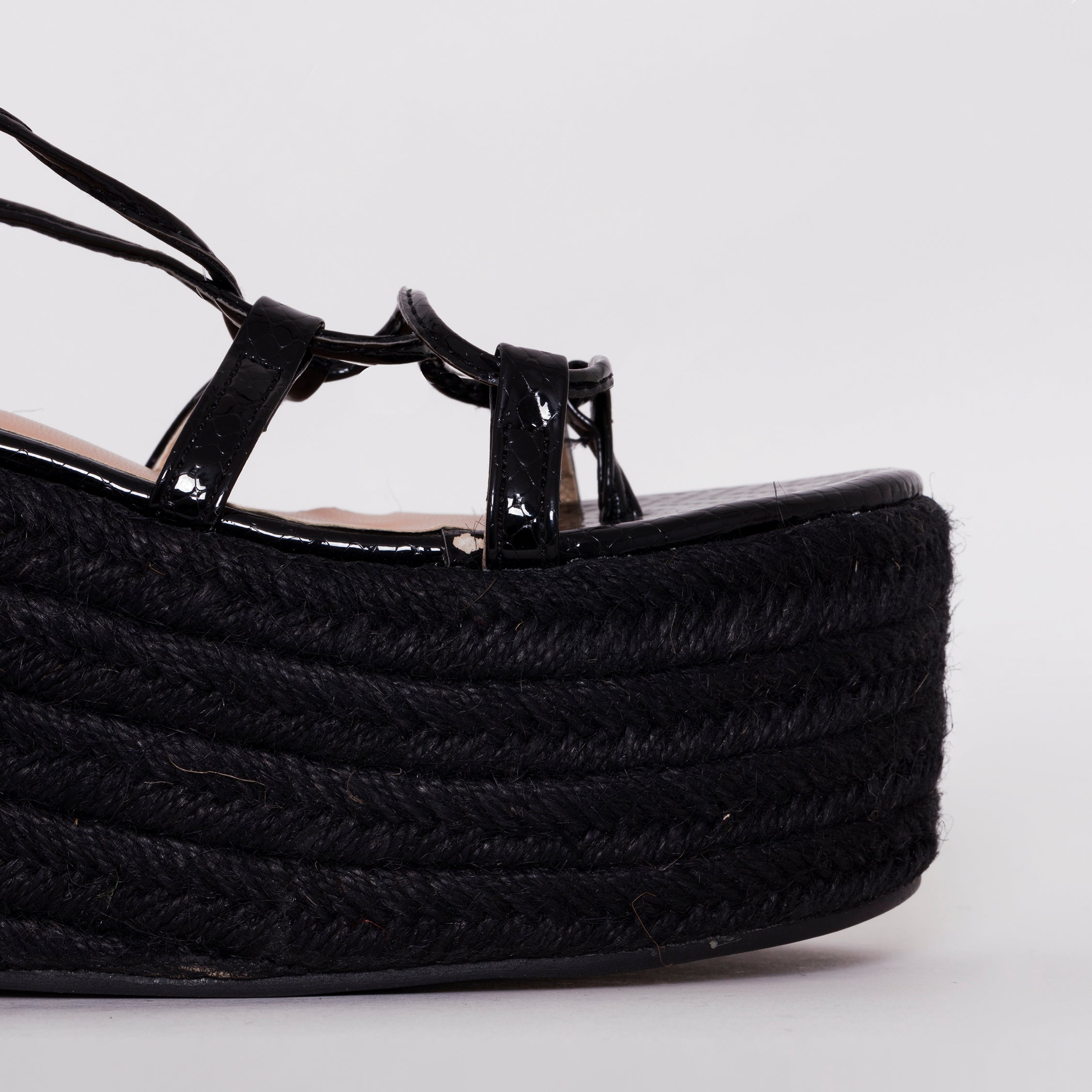 SIMMI SHOES / TERISA BLACK PATENT SNAKE PRINT ESPADRILLE FLATFORMS