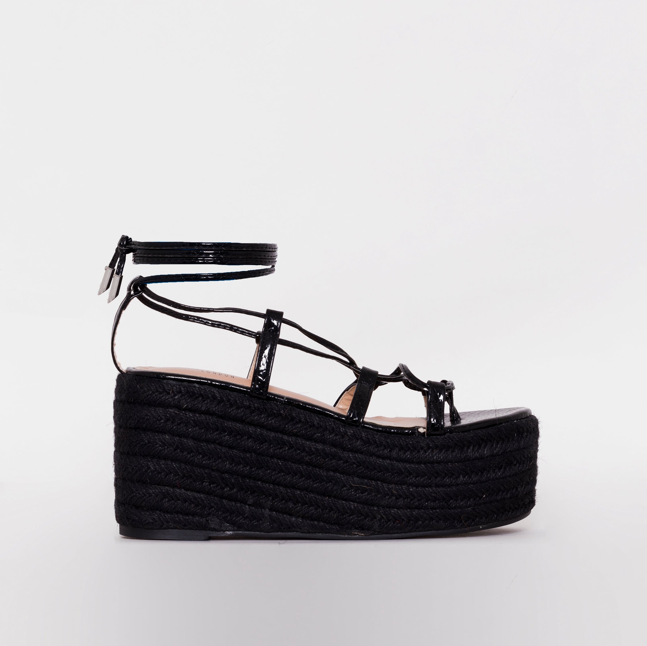 SIMMI SHOES / TERISA BLACK PATENT SNAKE PRINT ESPADRILLE FLATFORMS