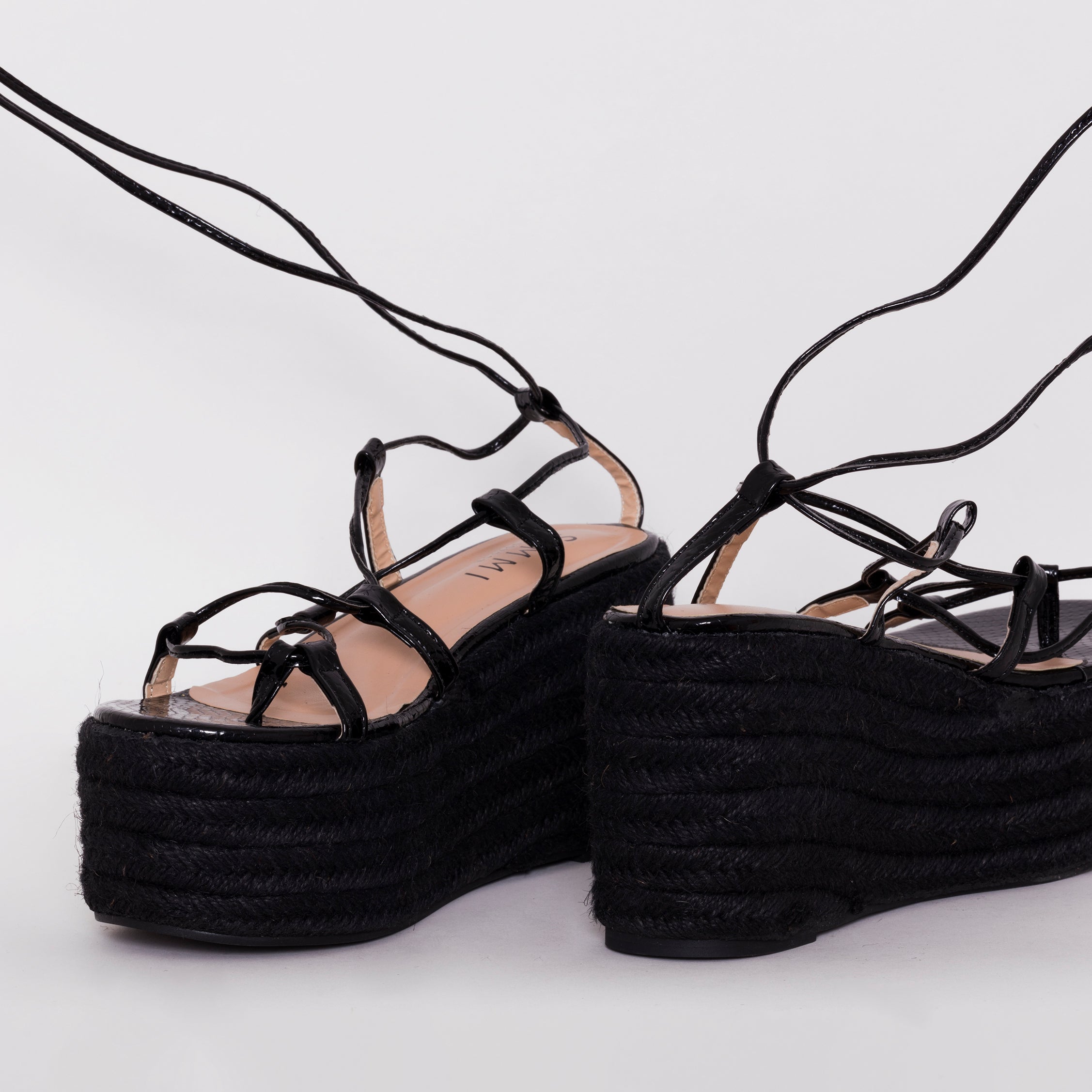 SIMMI SHOES / TERISA BLACK PATENT SNAKE PRINT ESPADRILLE FLATFORMS