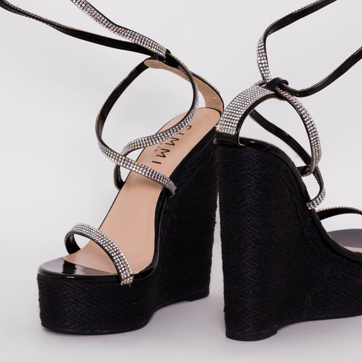 SIMMI SHOES / CIARA BLACK PATENT LACE UP ESPADRILLE WEDGES