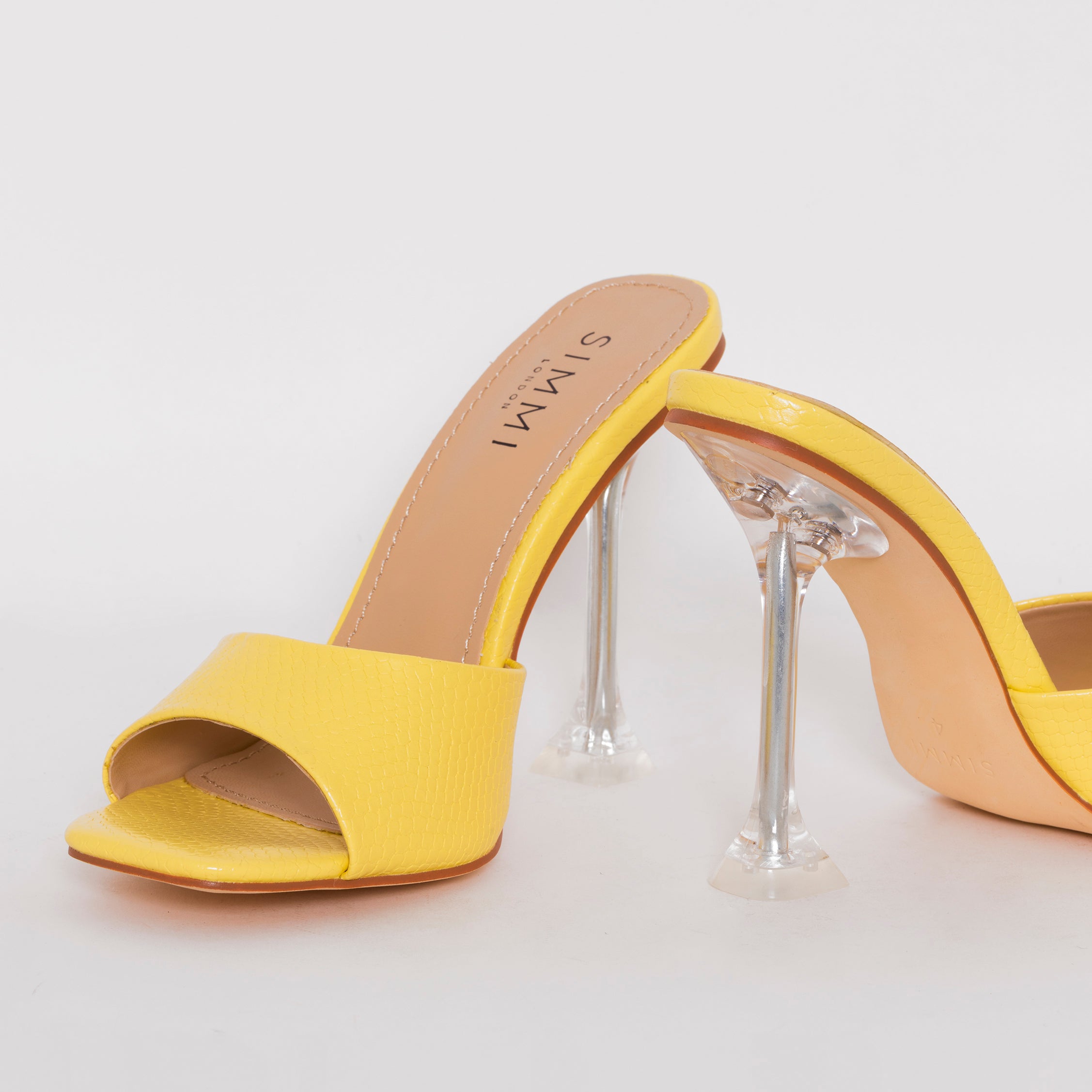 SIMMI SHOES / ELOURA YELLOW SNAKE PRINT FLARED HEEL MULES