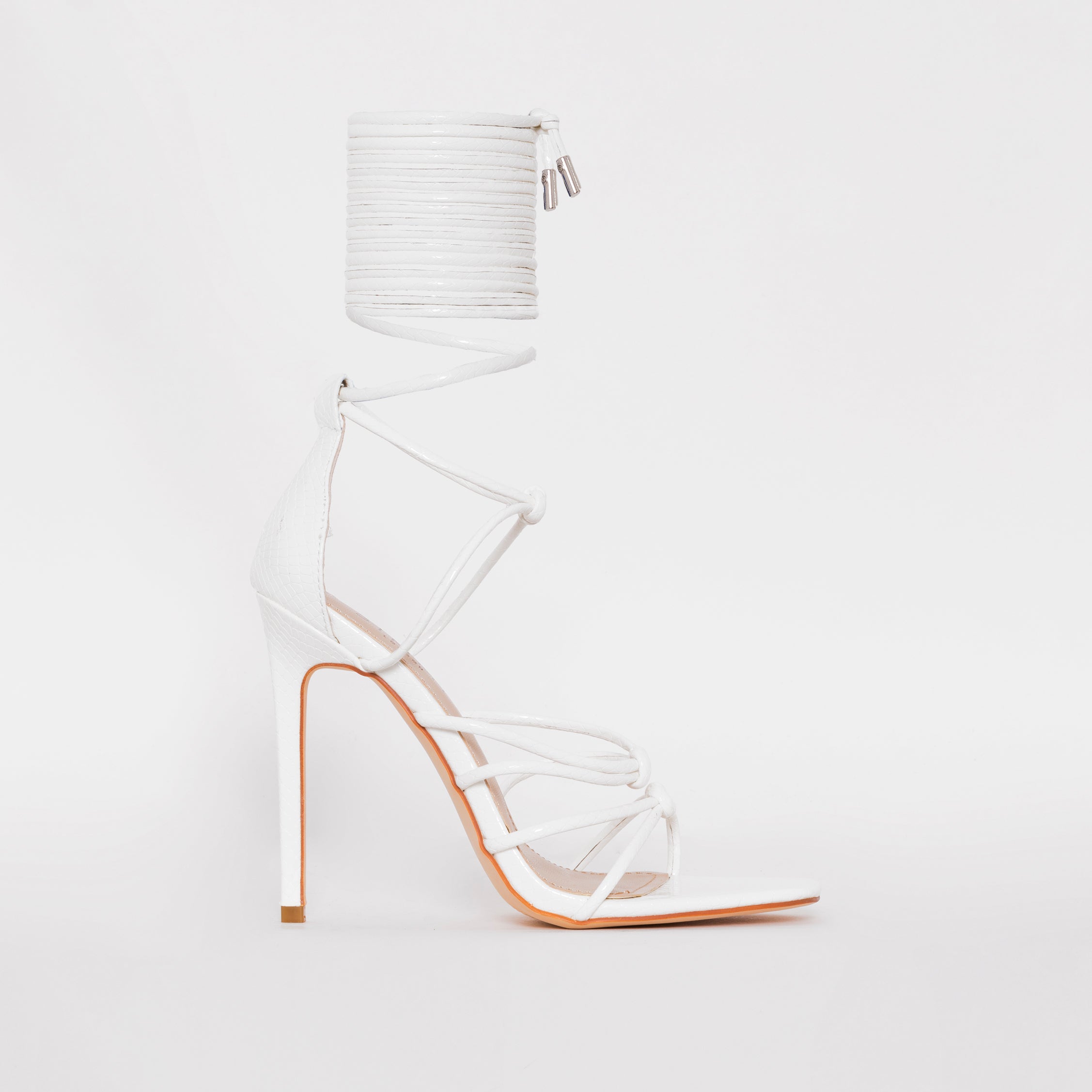 Marissa White Faux Snake Print Lace up Stiletto Heels | SIMMI London