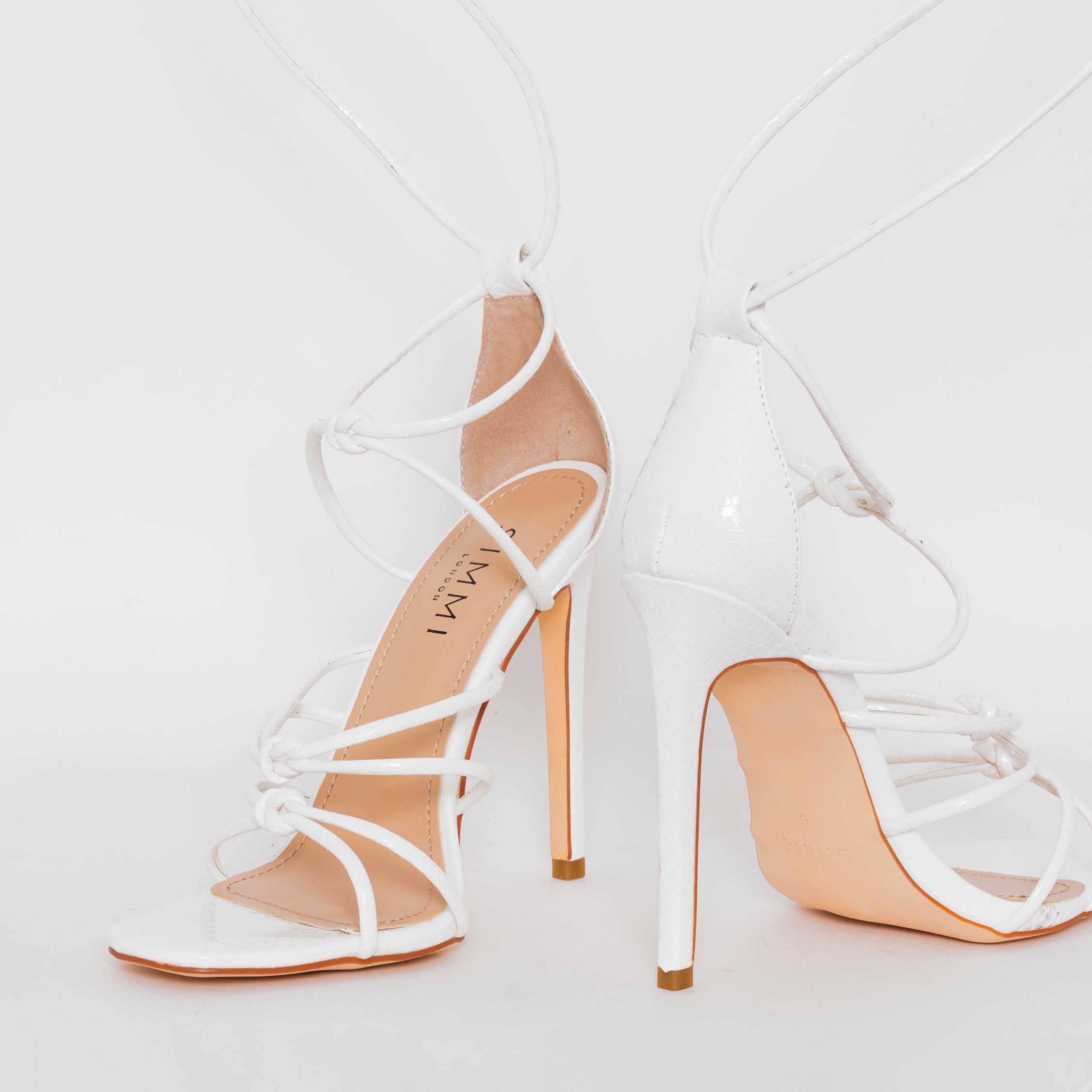 Marissa White Faux Snake Print Lace up Stiletto Heels | SIMMI London