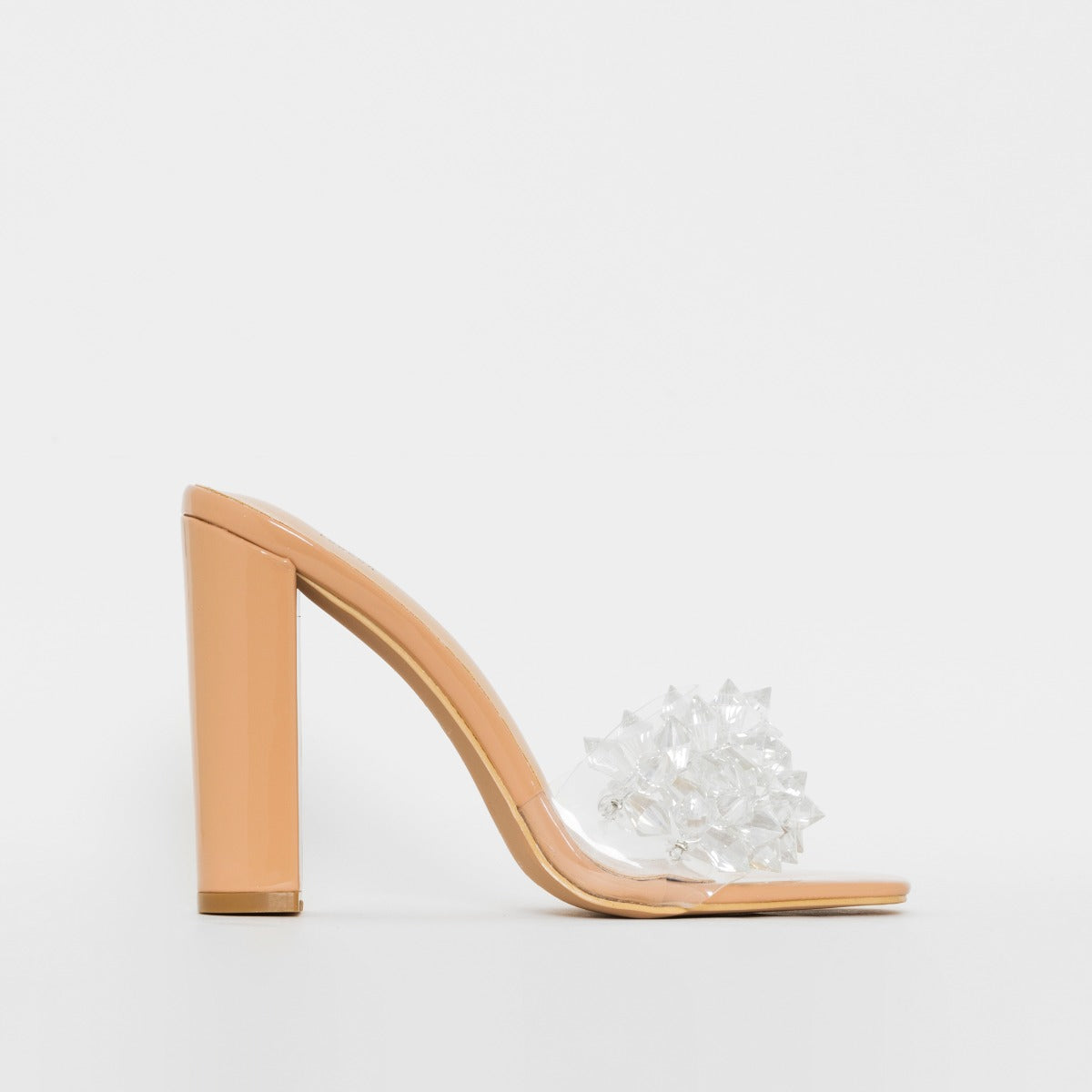 Rella Nude Patent Clear Crystal Block Heel Mules | SIMMI London