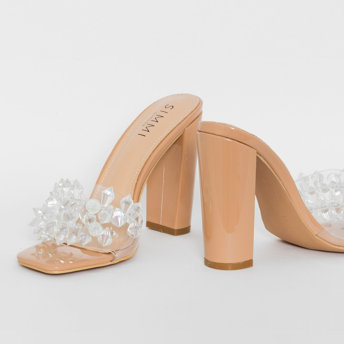 Rella Nude Patent Clear Crystal Block Heel Mules | SIMMI London