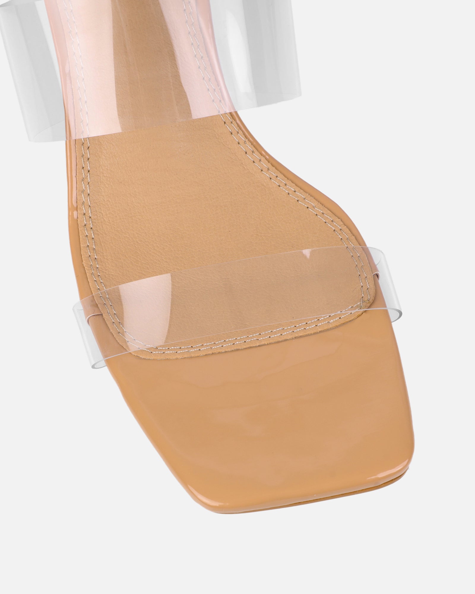 Eadie nude patent clear low block heeled sandals | SIMMI London