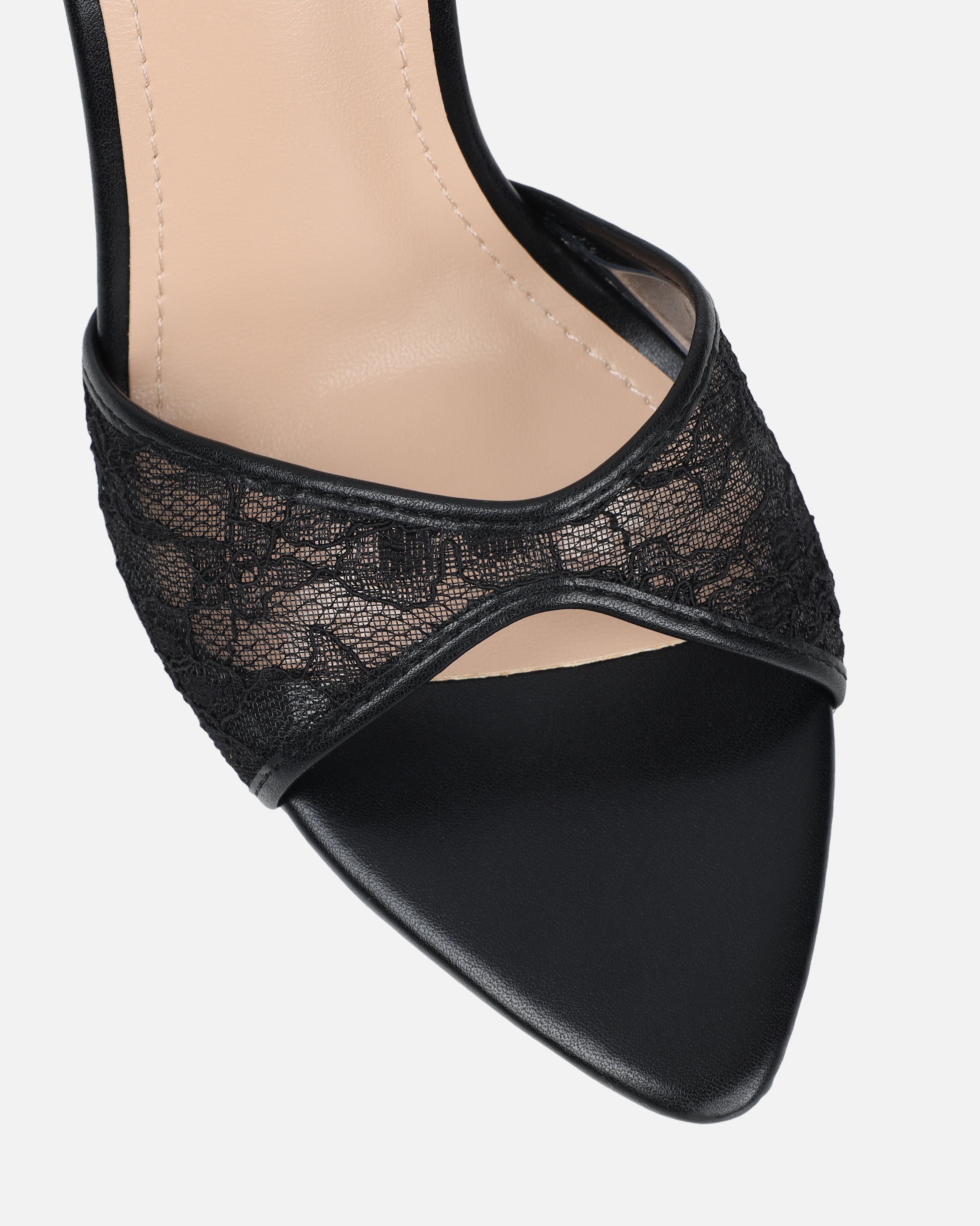 Eavie Black Lace Heeled Sandals | SIMMI London