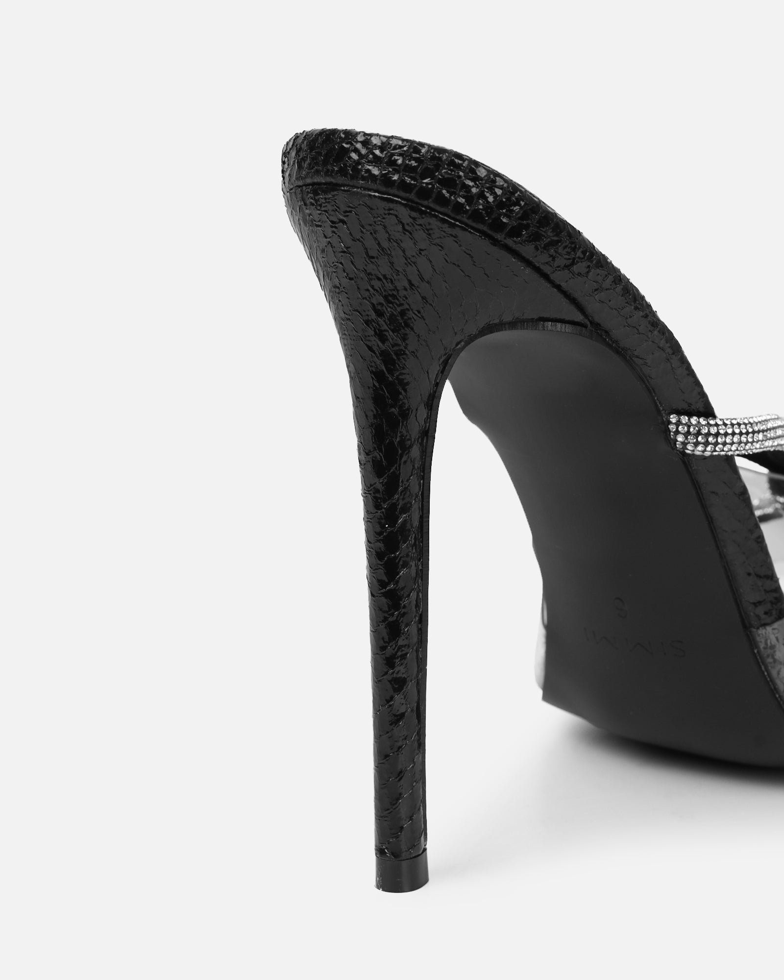 Meriel Black Snake Effect Stiletto Mules | SIMMI London