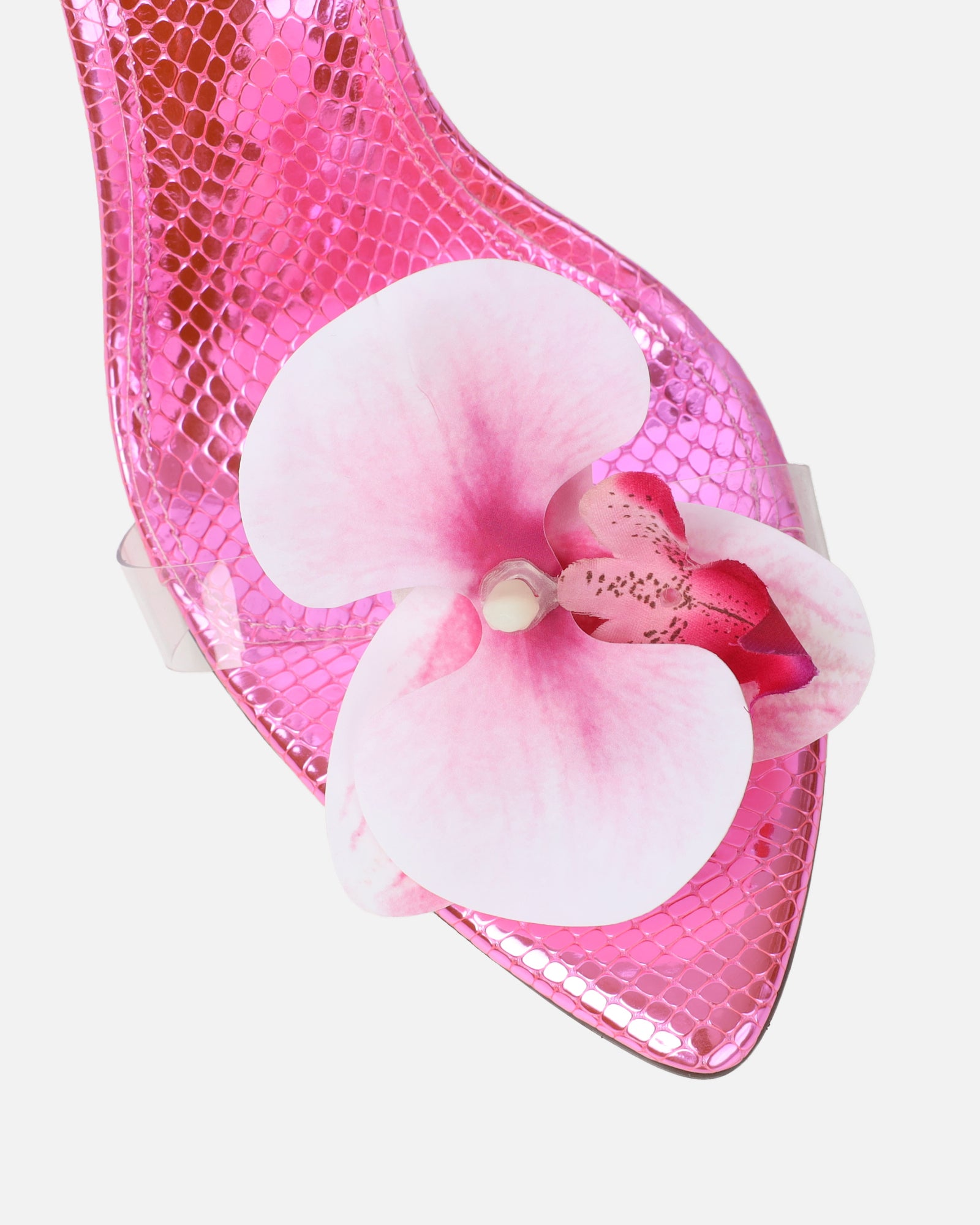 Erica Pink Snake Flower Embellished Heeled Sandals | SIMMI London