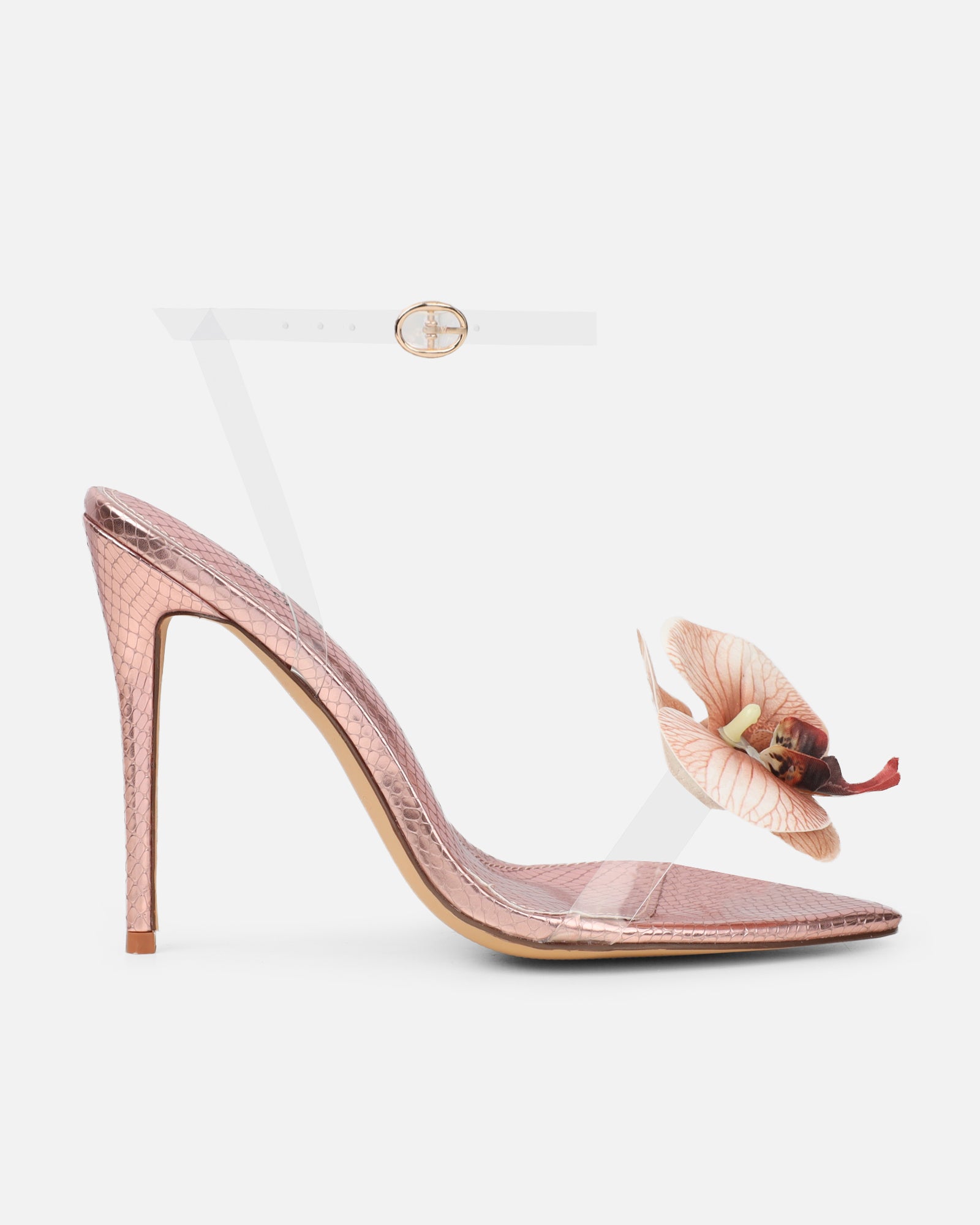 Erica Rose Gold Snake Flower Embellished Heeled Sandals | SIMMI London