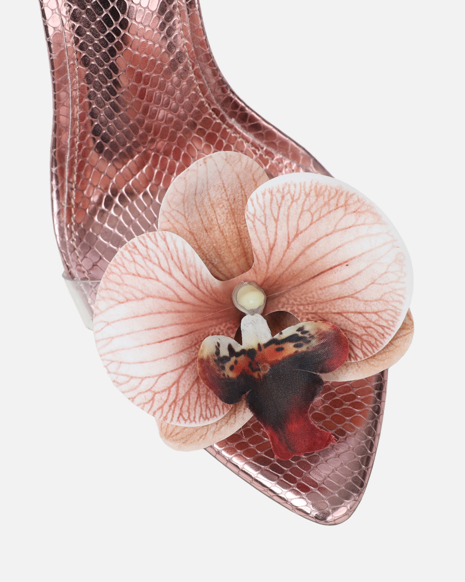Erica Rose Gold Snake Flower Embellished Heeled Sandals | SIMMI London