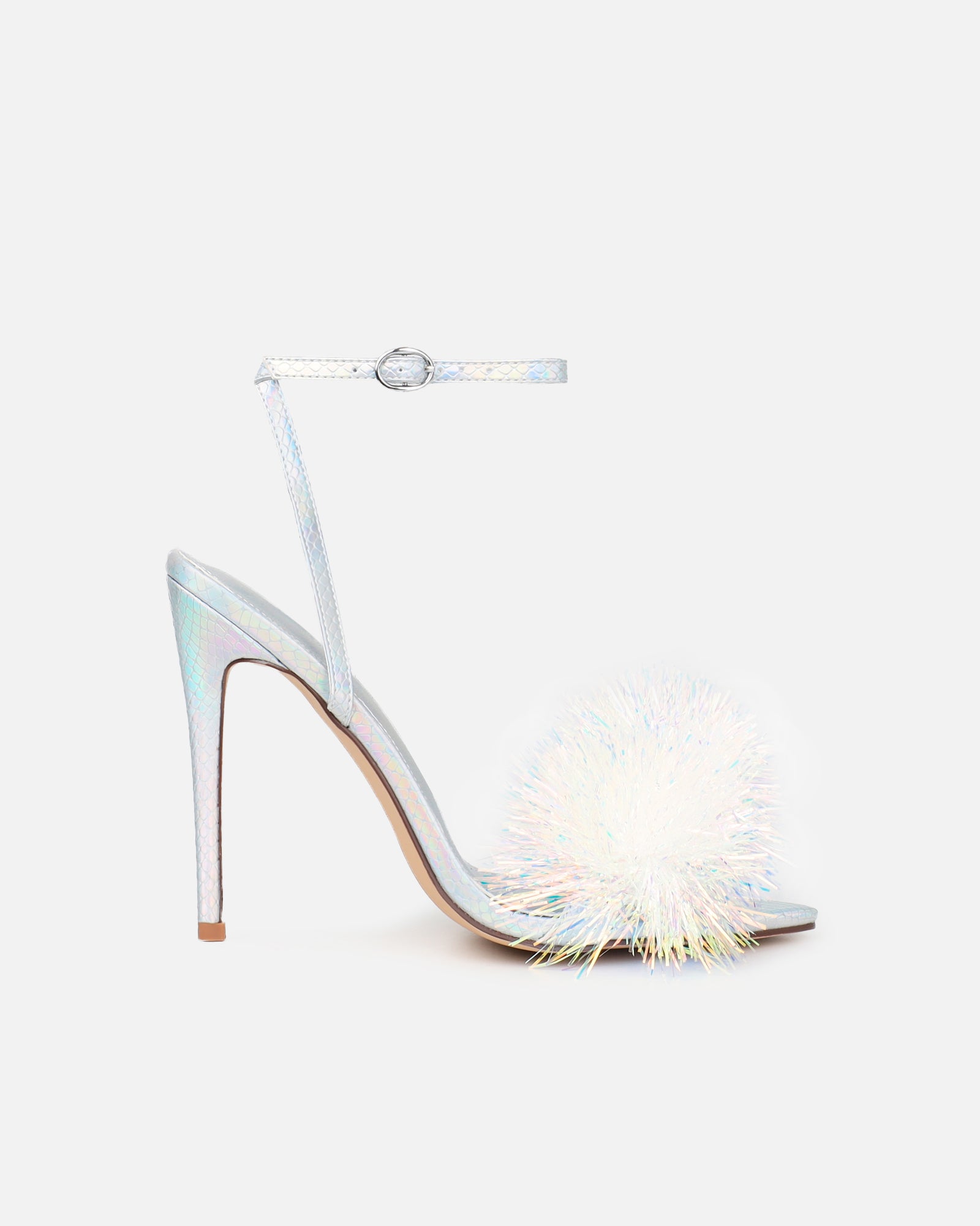 Doris Silver Holographic Tinsel Heeled Sandals | SIMMI London