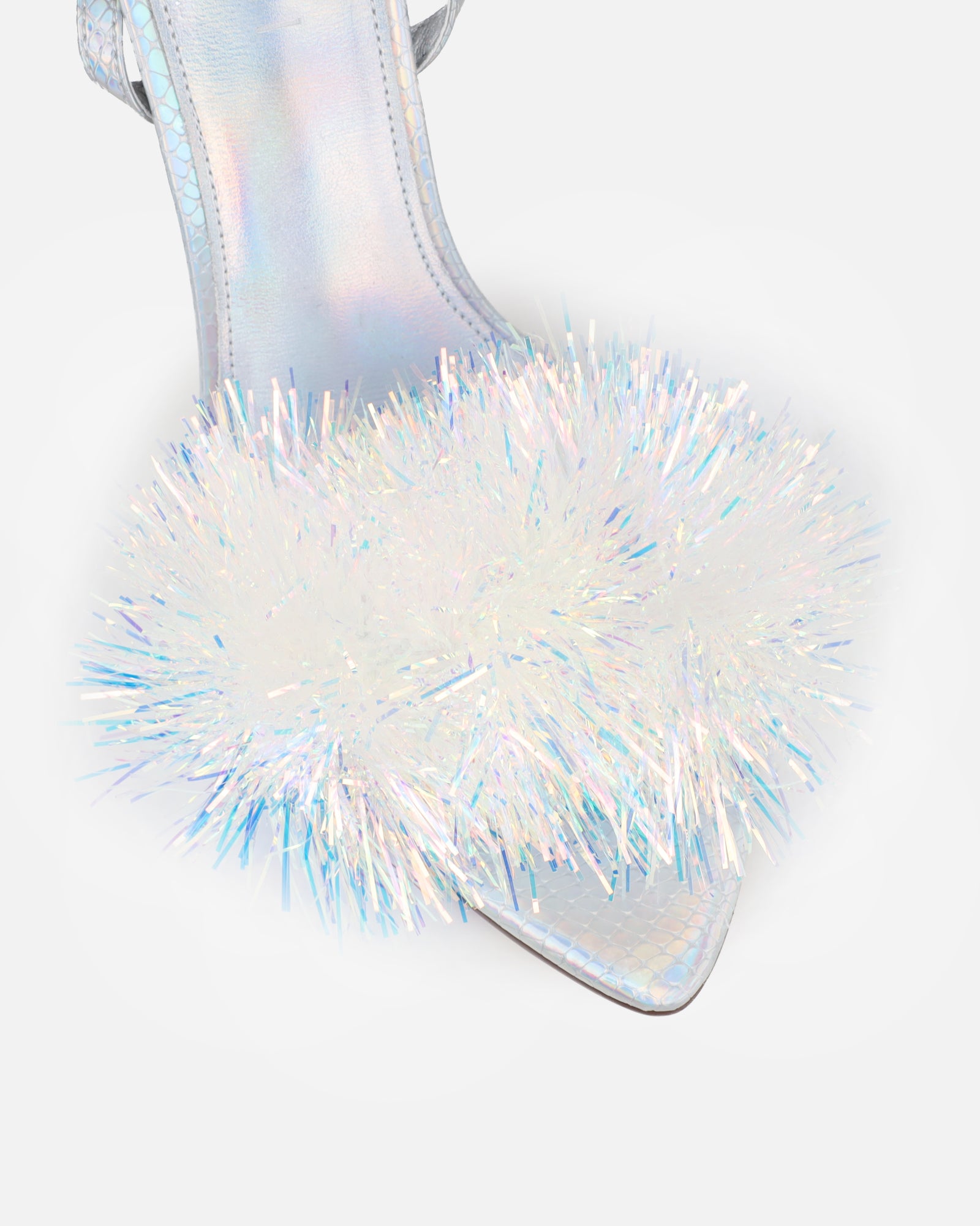 Doris Silver Holographic Tinsel Heeled Sandals | SIMMI London