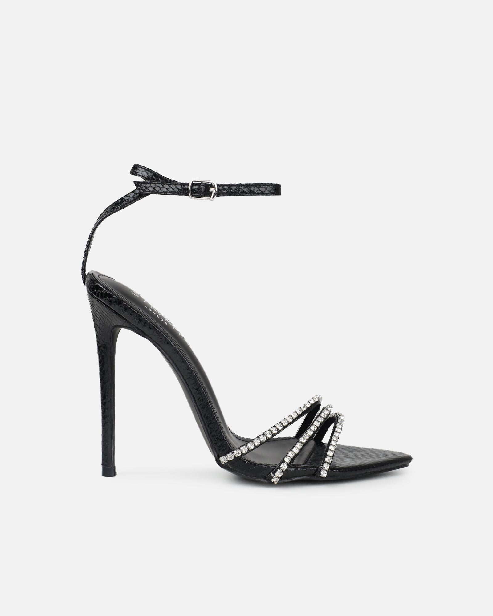 Shakirah Black Snake Diamante Heeled Sandals | SIMMI London