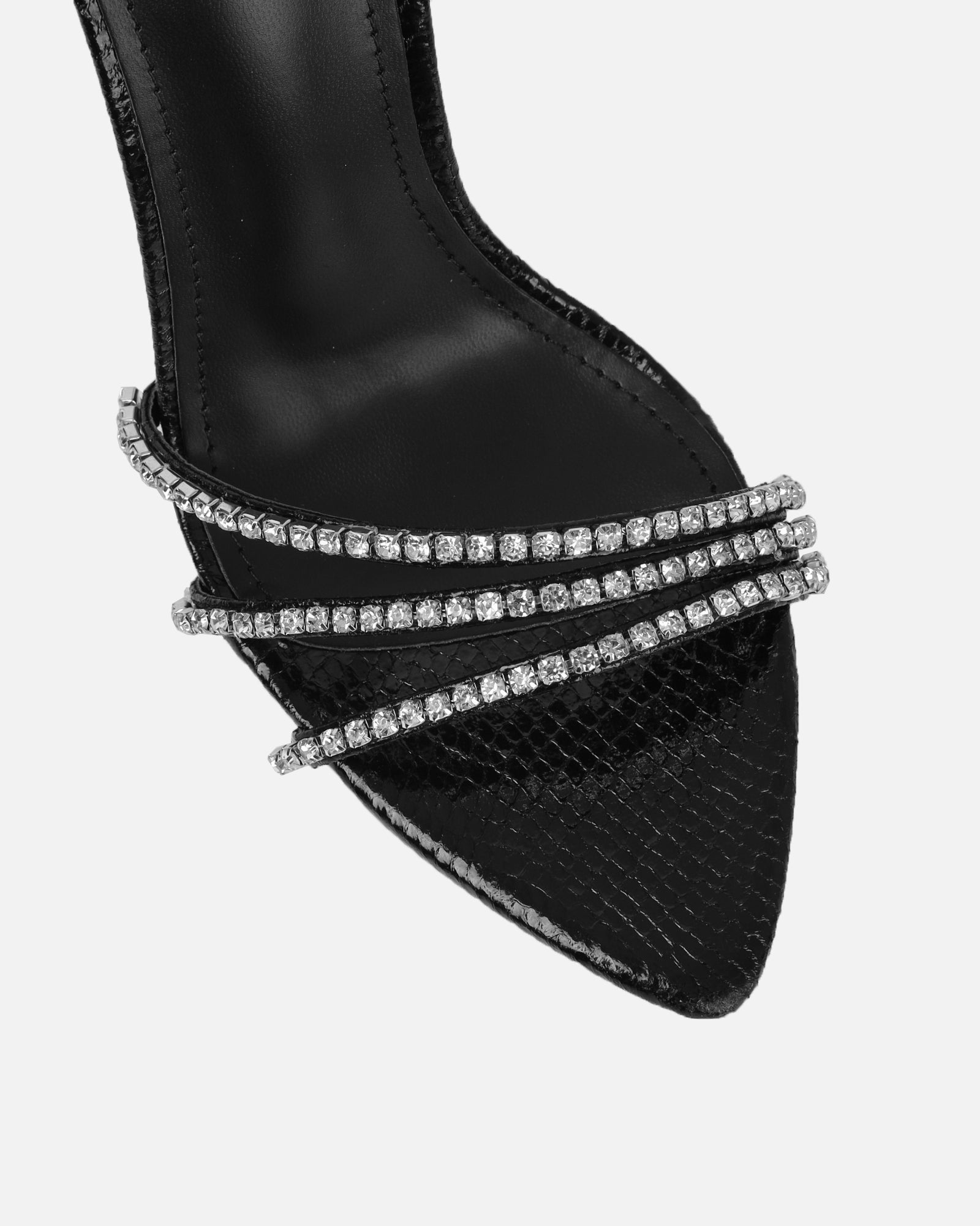 Shakirah Black Snake Diamante Heeled Sandals | SIMMI London