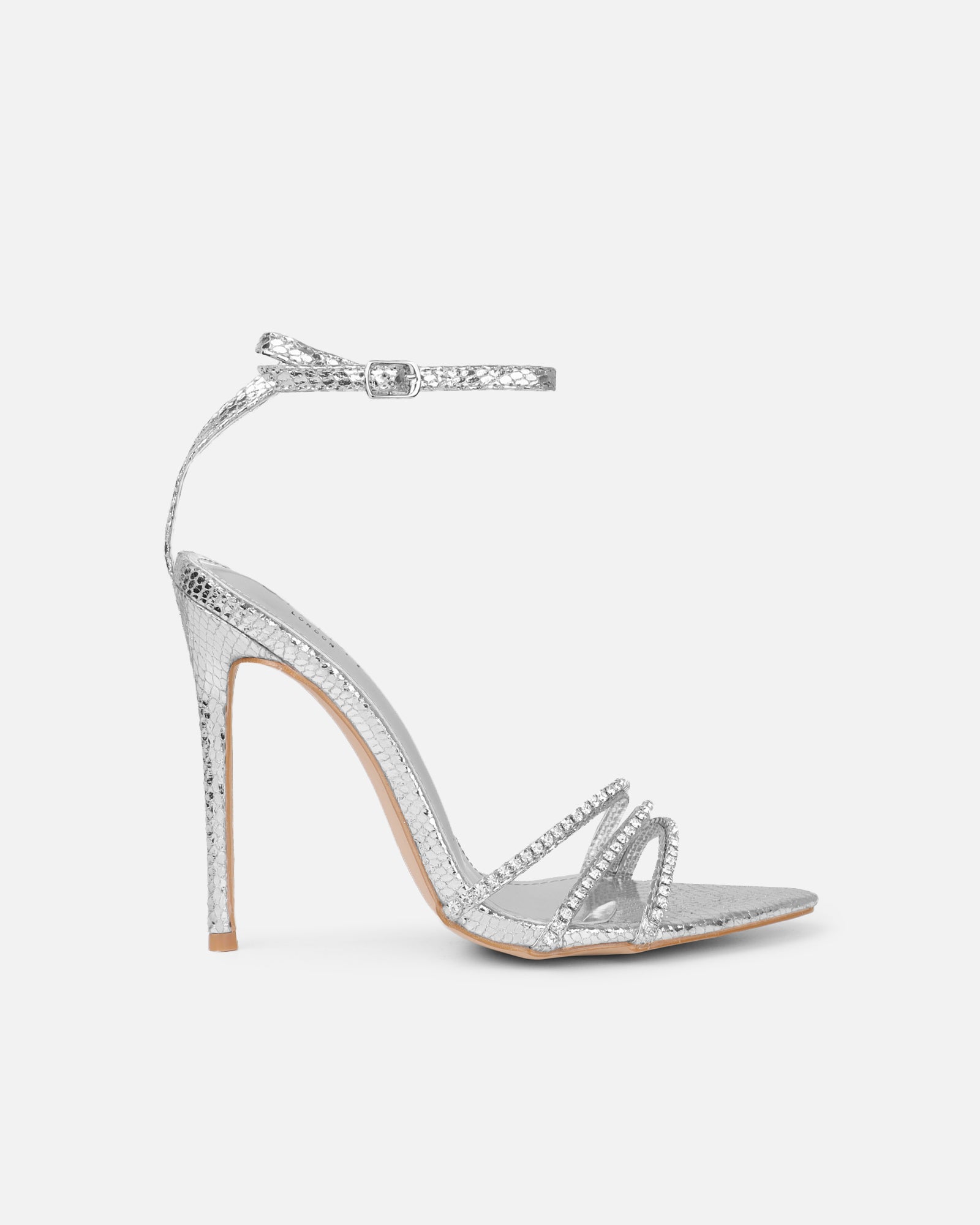 Shakirah Silver Snake Diamante Heeled Sandals | SIMMI London