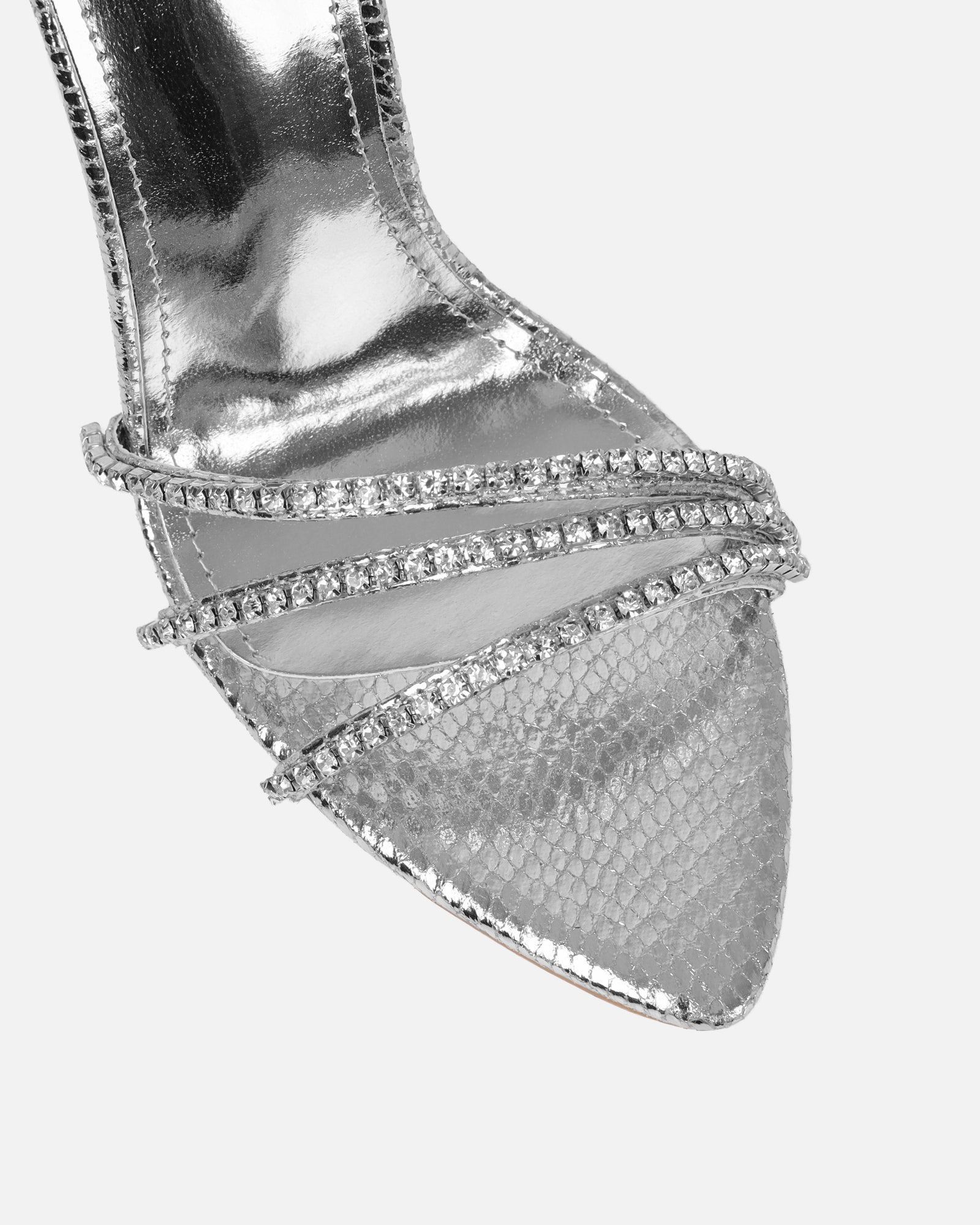 Shakirah Silver Snake Diamante Heeled Sandals | SIMMI London