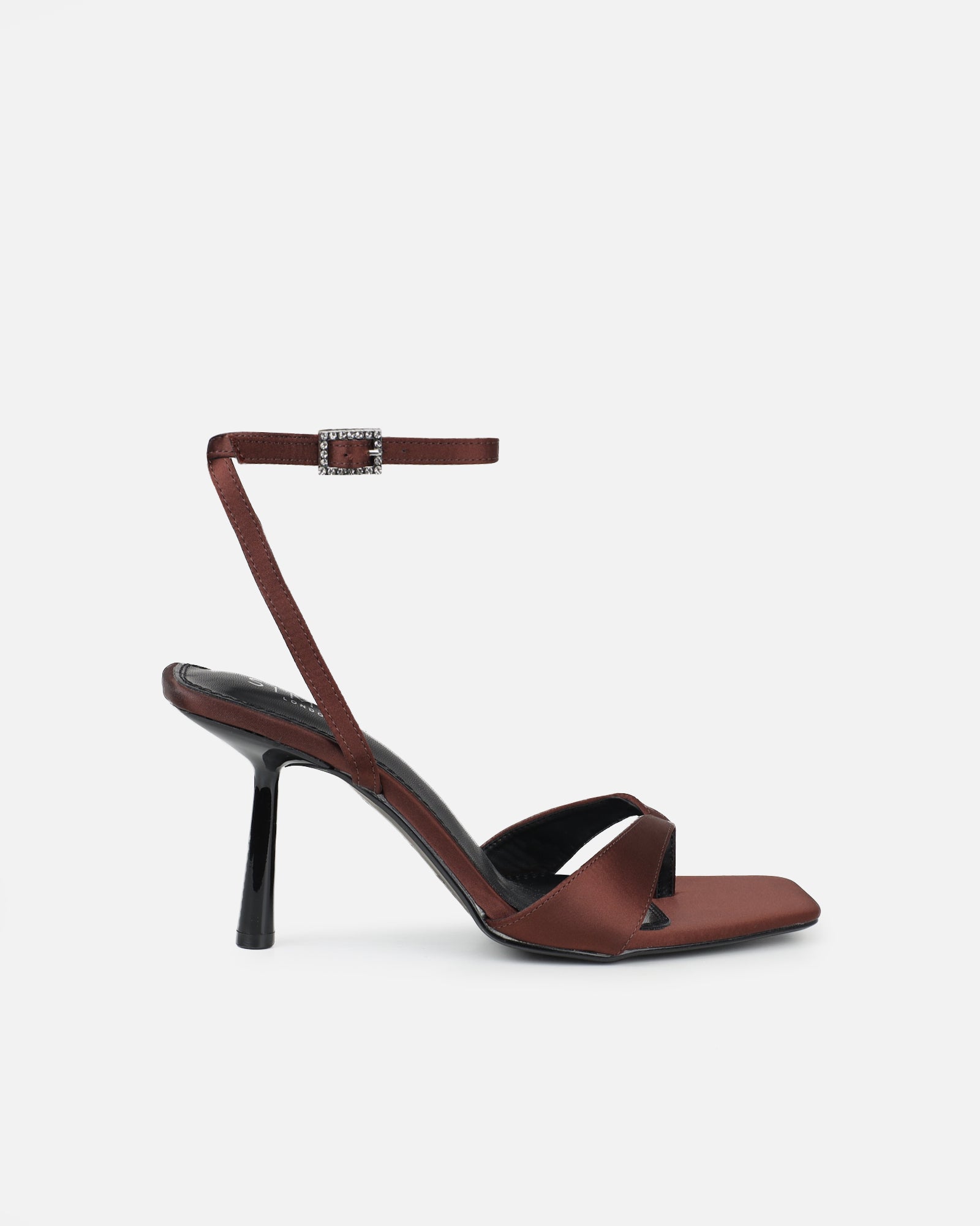 Ebba chocolate brown satin heeled sandals | SIMMI London