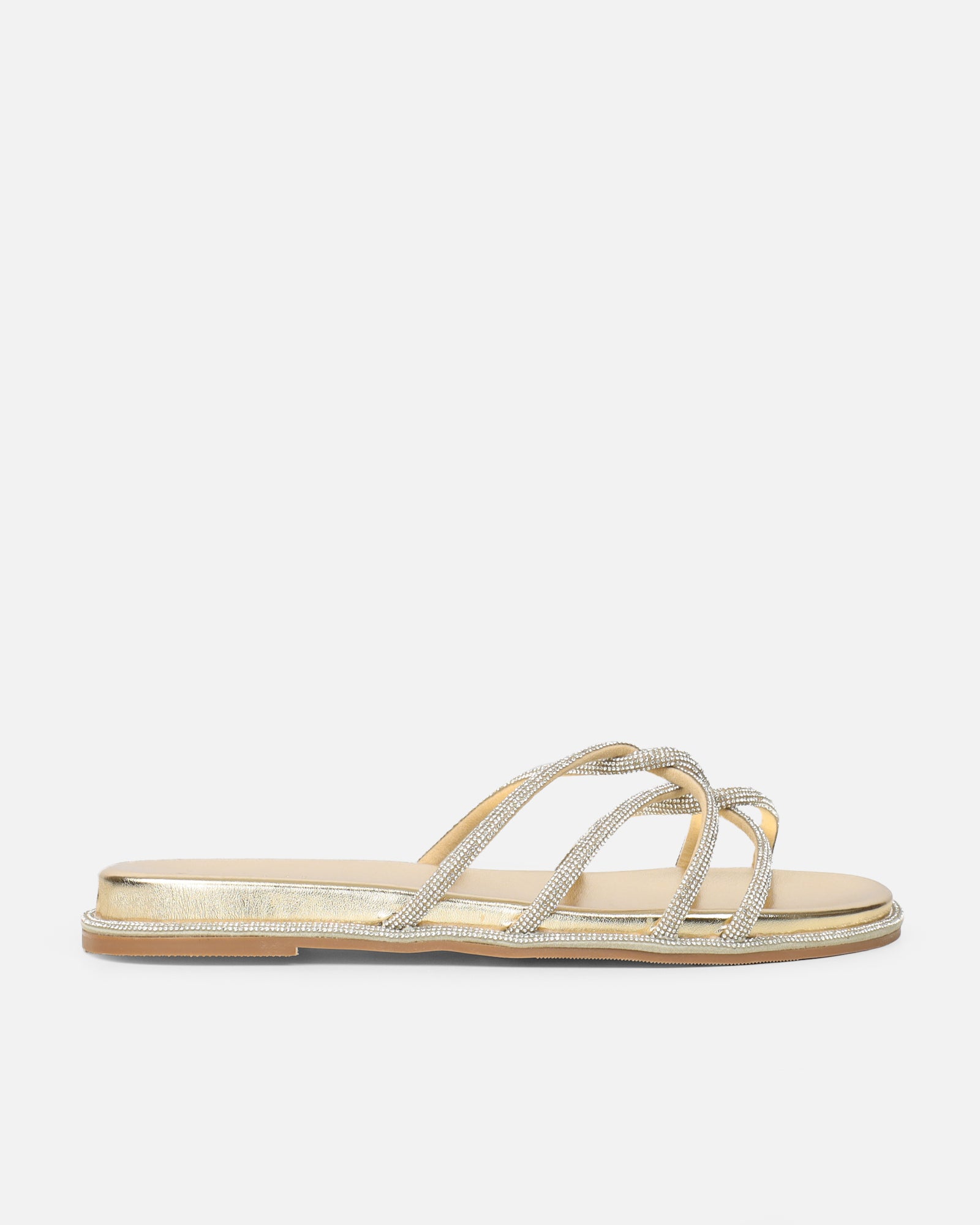 Edessa Gold Metallic Diamante Flat Sandals | SIMMI London