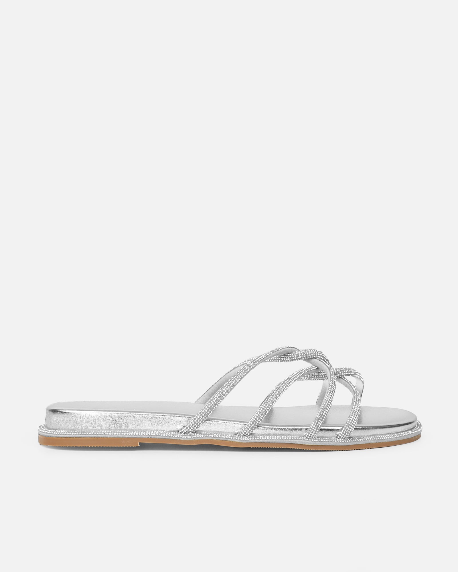 Edessa Silver Metallic Diamante Flat Sandals | SIMMI London