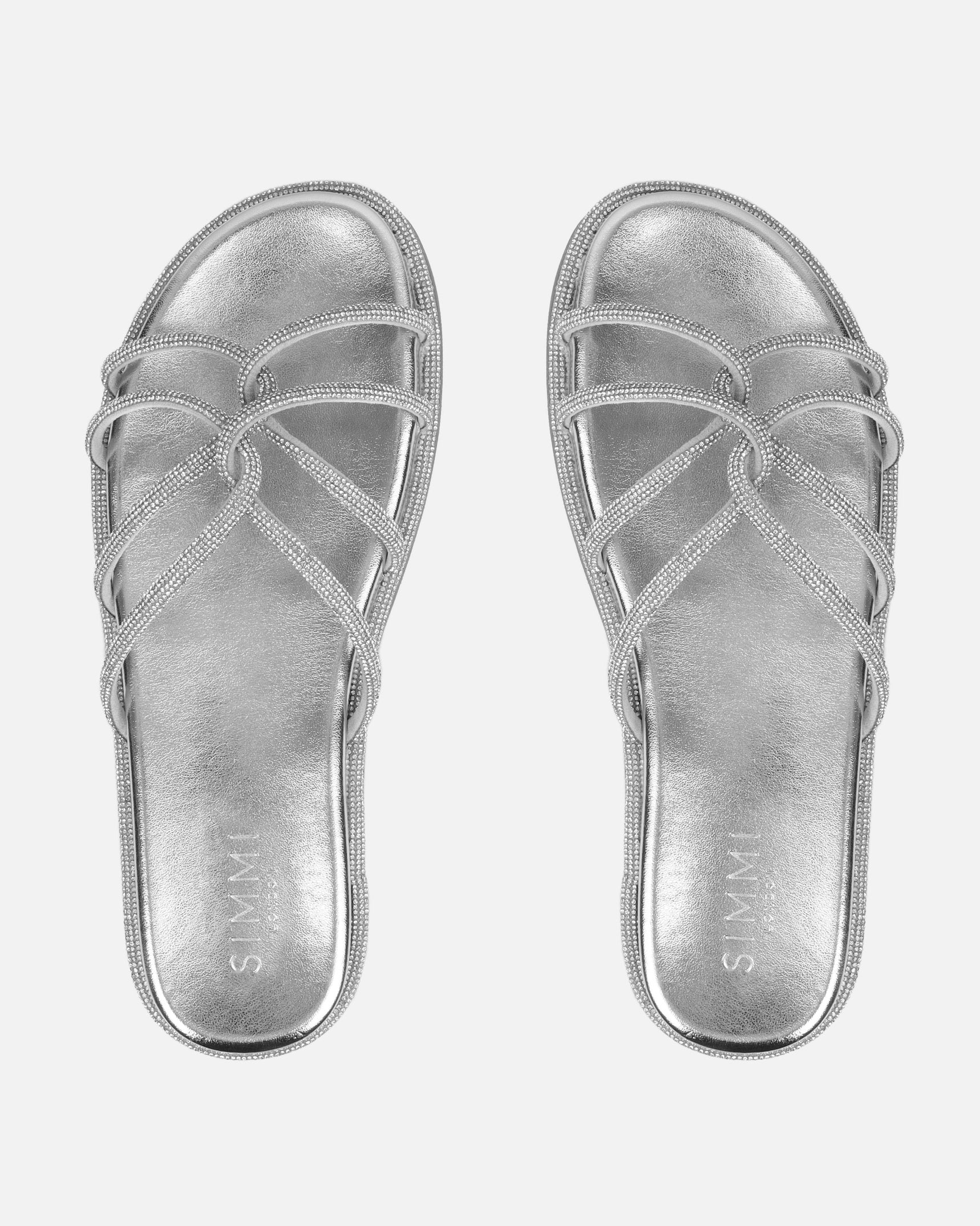 Edessa Silver Metallic Diamante Flat Sandals | SIMMI London