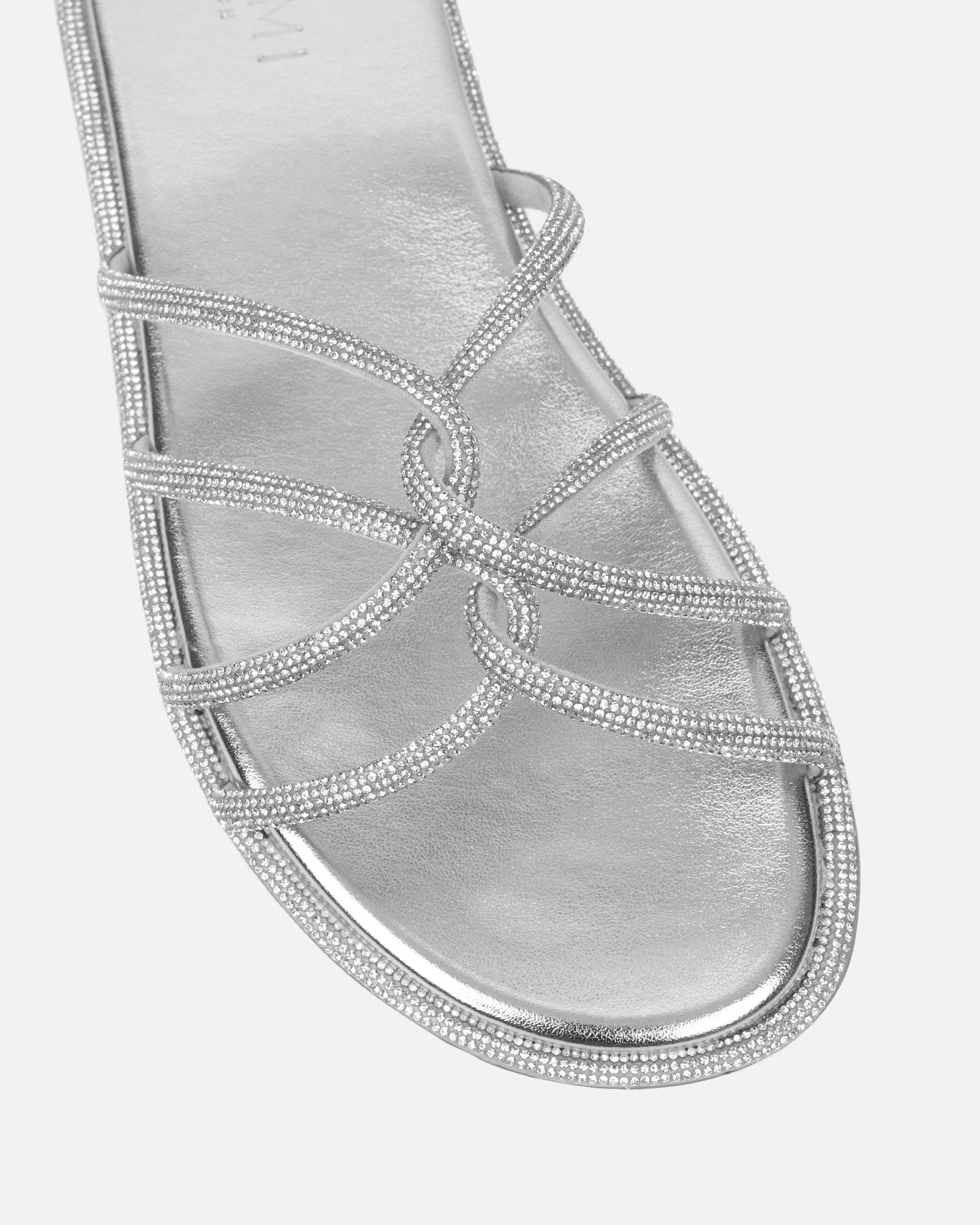 Edessa Silver Metallic Diamante Flat Sandals | SIMMI London