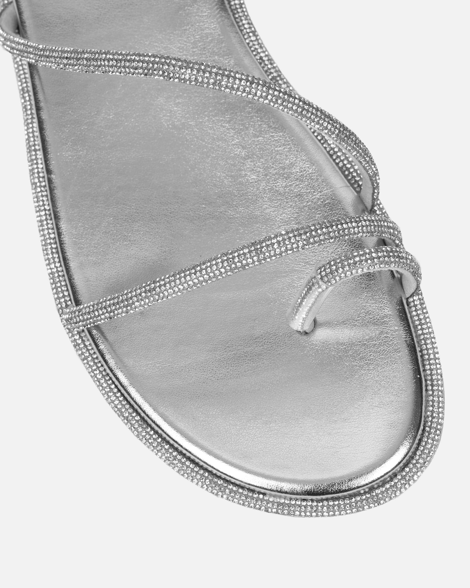 Ede Silver Metallic Diamante Toe Loop Sandals | SIMMI London