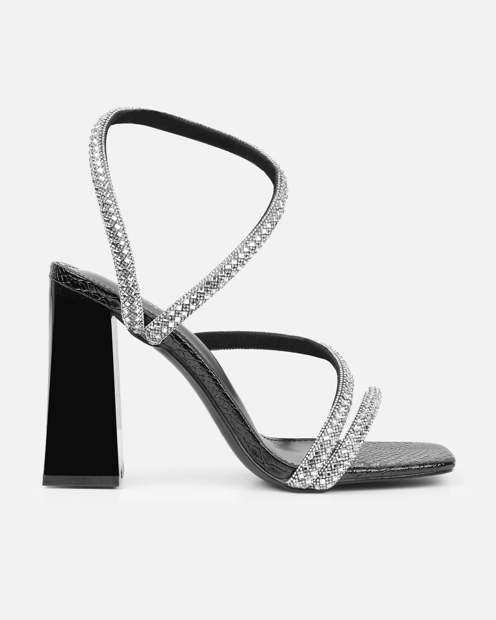 Elanaa Black Snake Faux Effect Diamante Block Heeled Sandals | SIMMI London