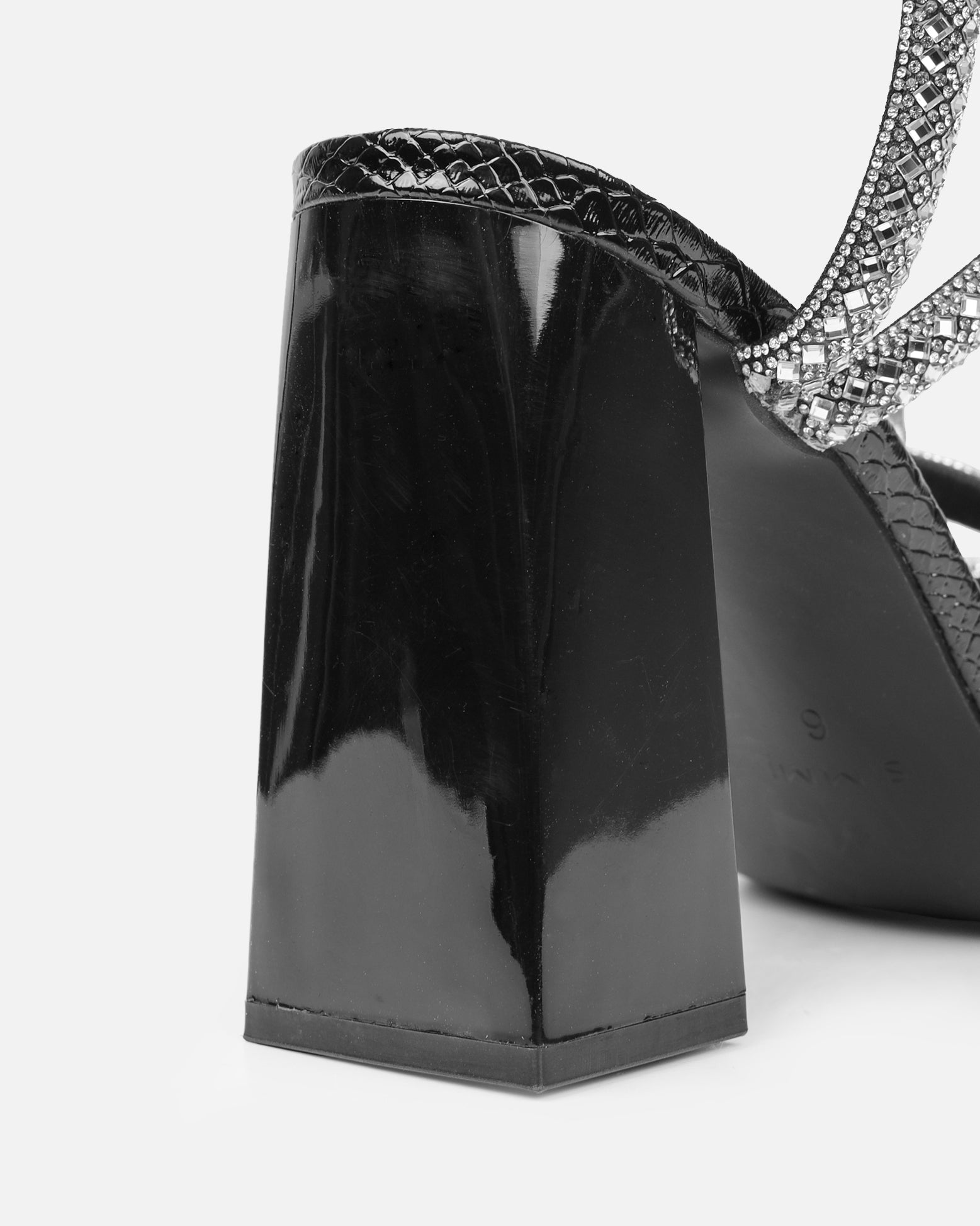 Elanaa Black Snake Faux Effect Diamante Block Heeled Sandals | SIMMI London