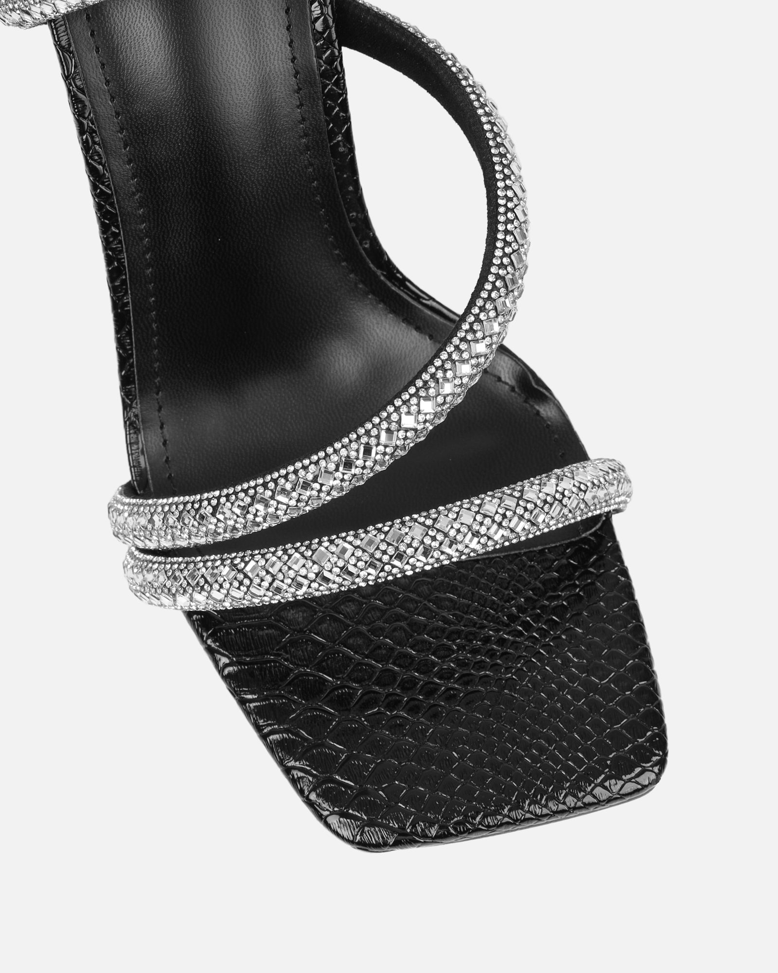 Elanaa Black Snake Faux Effect Diamante Block Heeled Sandals | SIMMI London