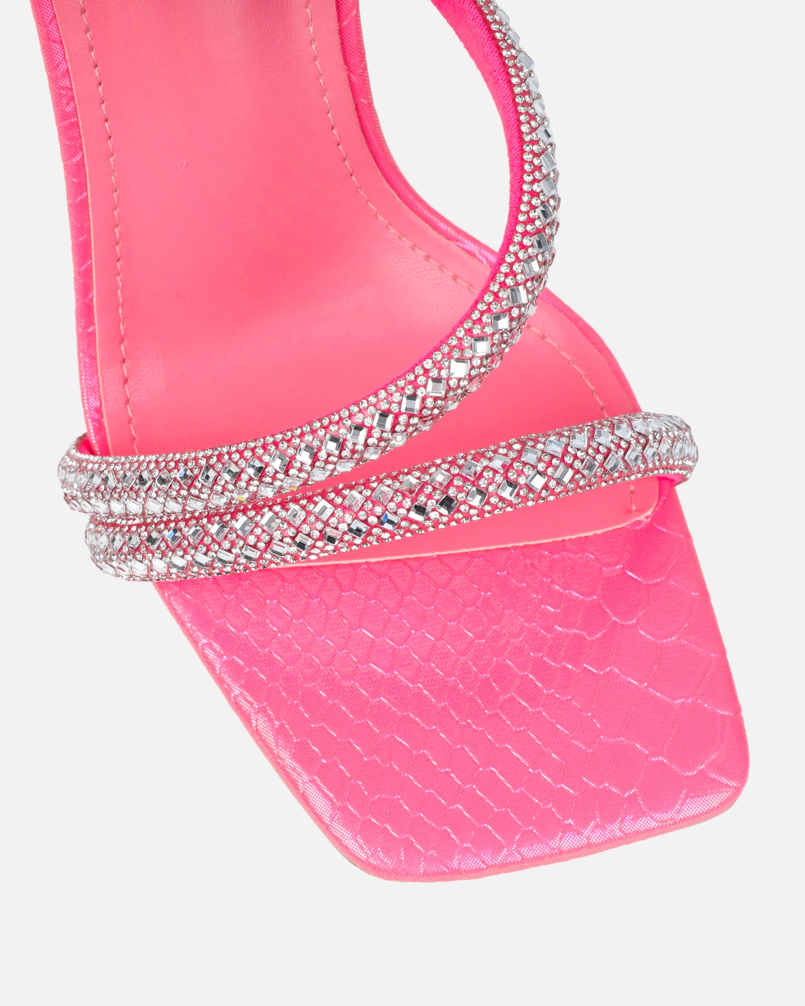 Elanaa pink snake effect diamante block heeled sandals | SIMMI London