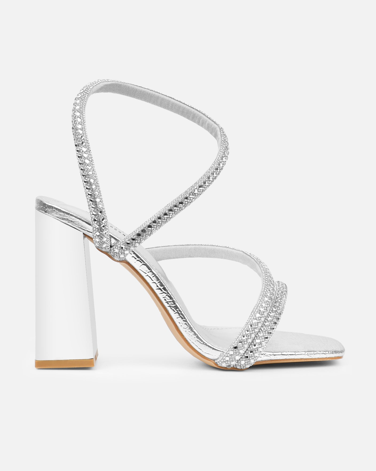 Elanaa silver snake effect diamante block heeled sandal | SIMMI London