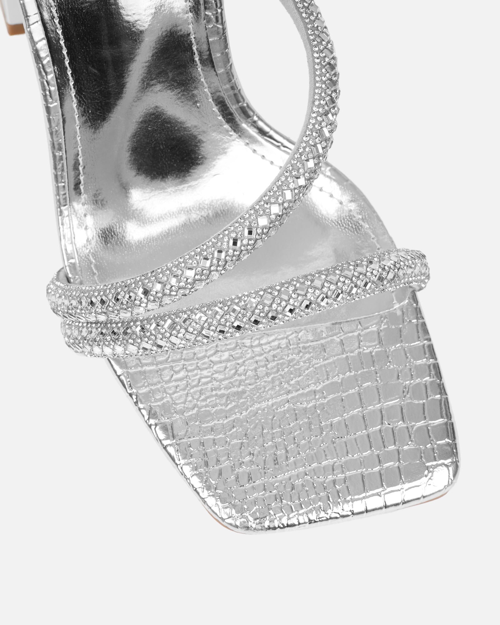 Elanaa silver snake effect diamante block heeled sandal | SIMMI London