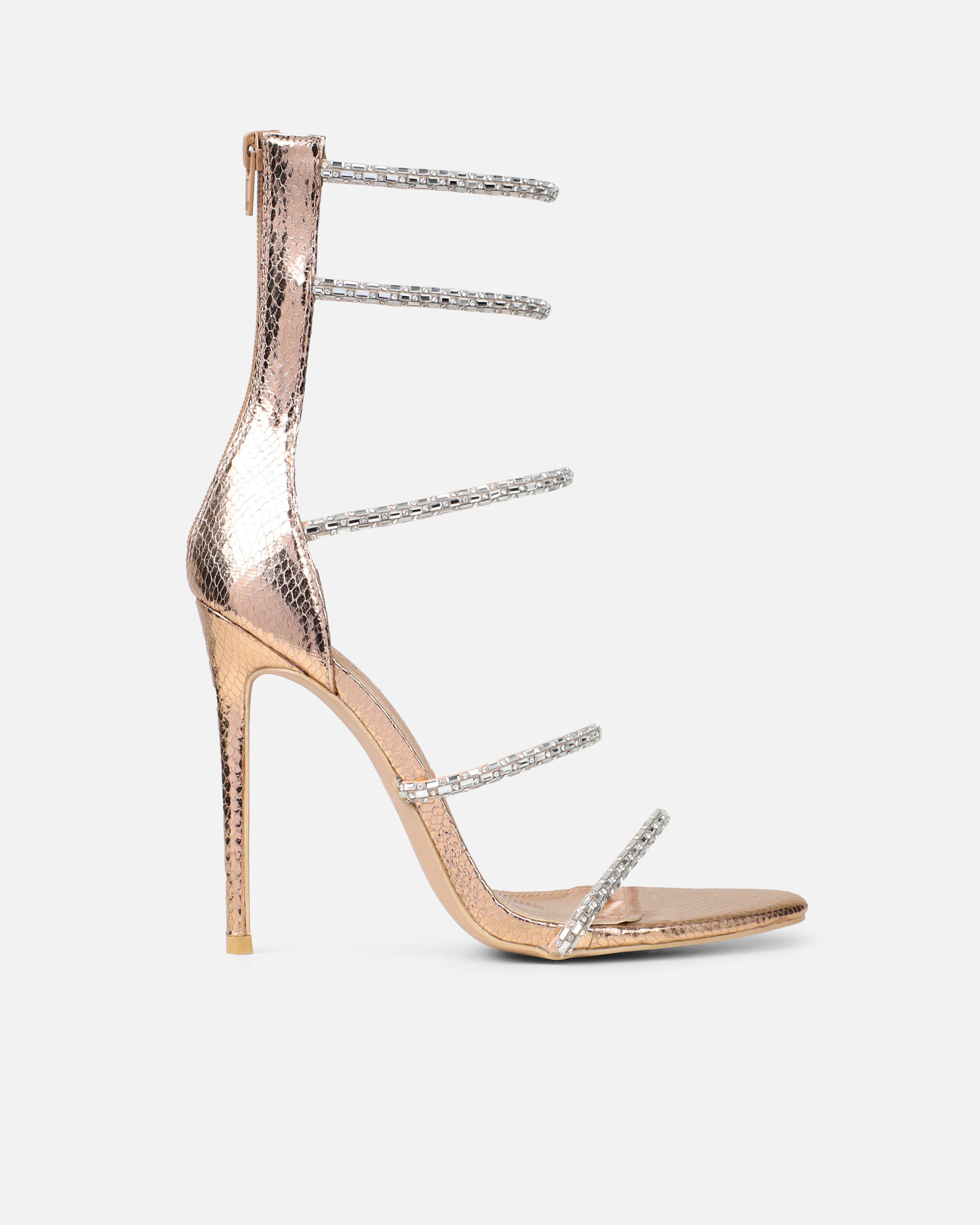 Elba Rose Gold Snake Effect Diamante Heeled Sandals | SIMMI London