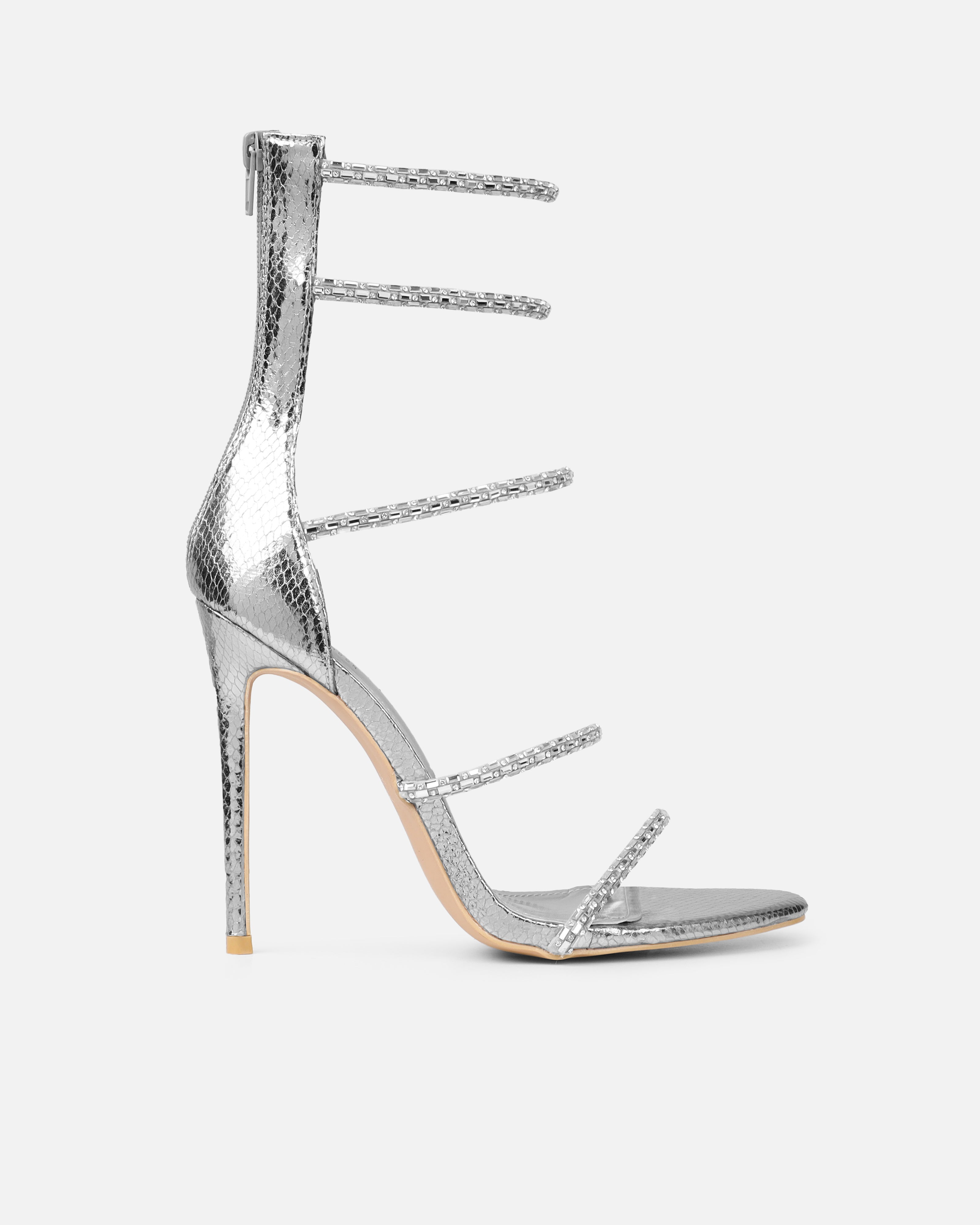 Elba Silver Snake Effect Diamante Heeled Sandals | SIMMI London