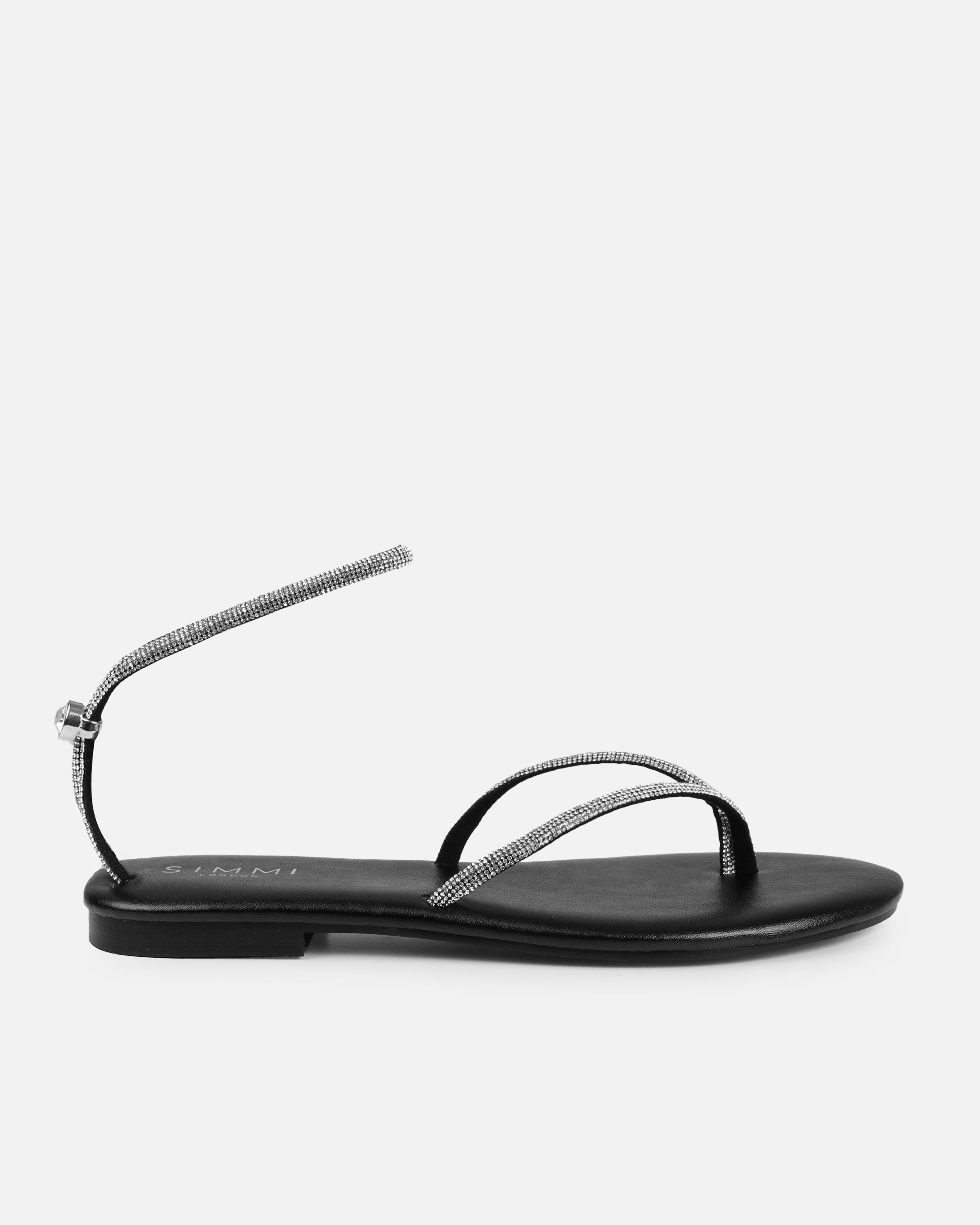 Elio Black Diamante Toe Thong Toggle Flat Sandals | SIMMI London