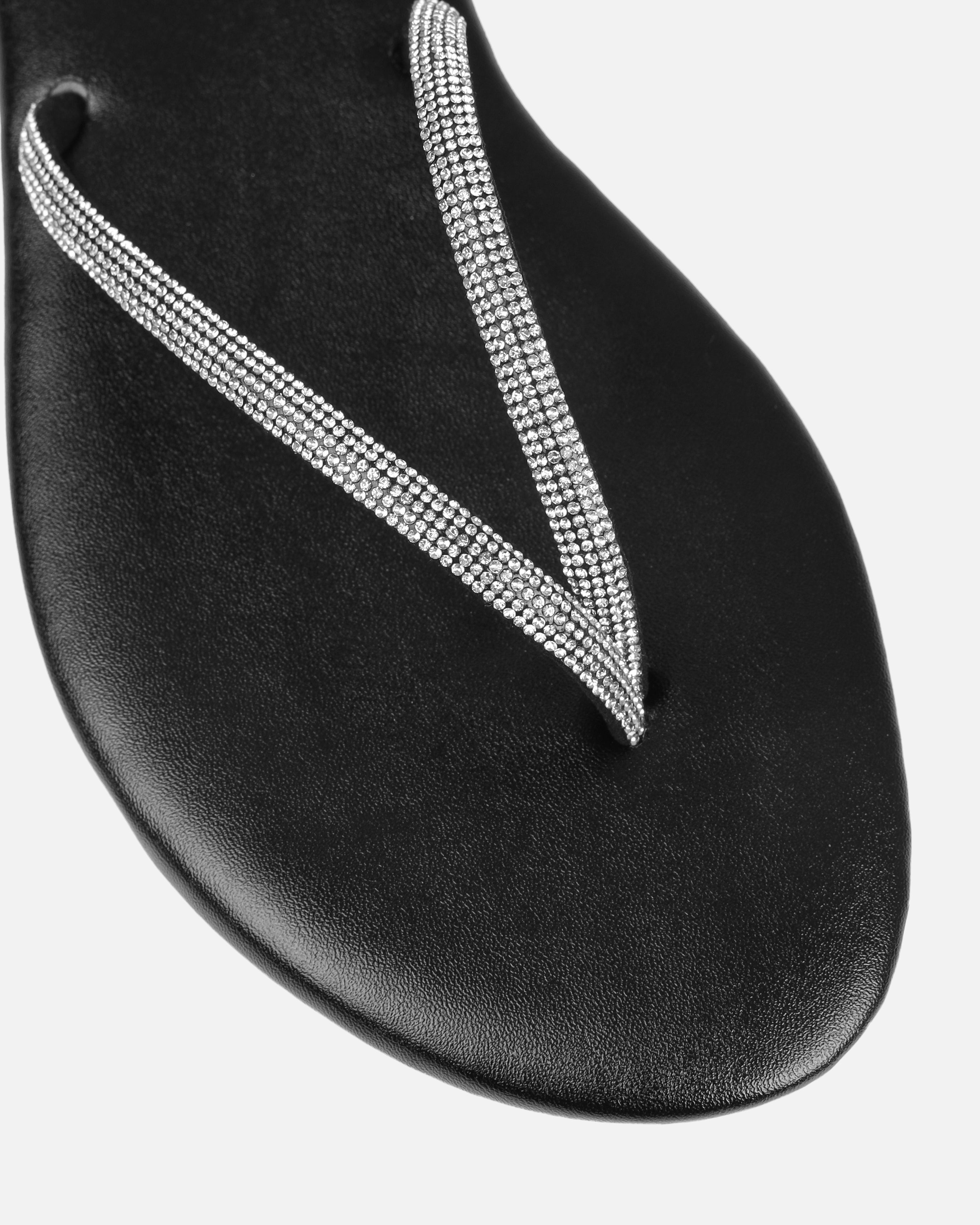 Elio Black Diamante Toe Thong Toggle Flat Sandals | SIMMI London