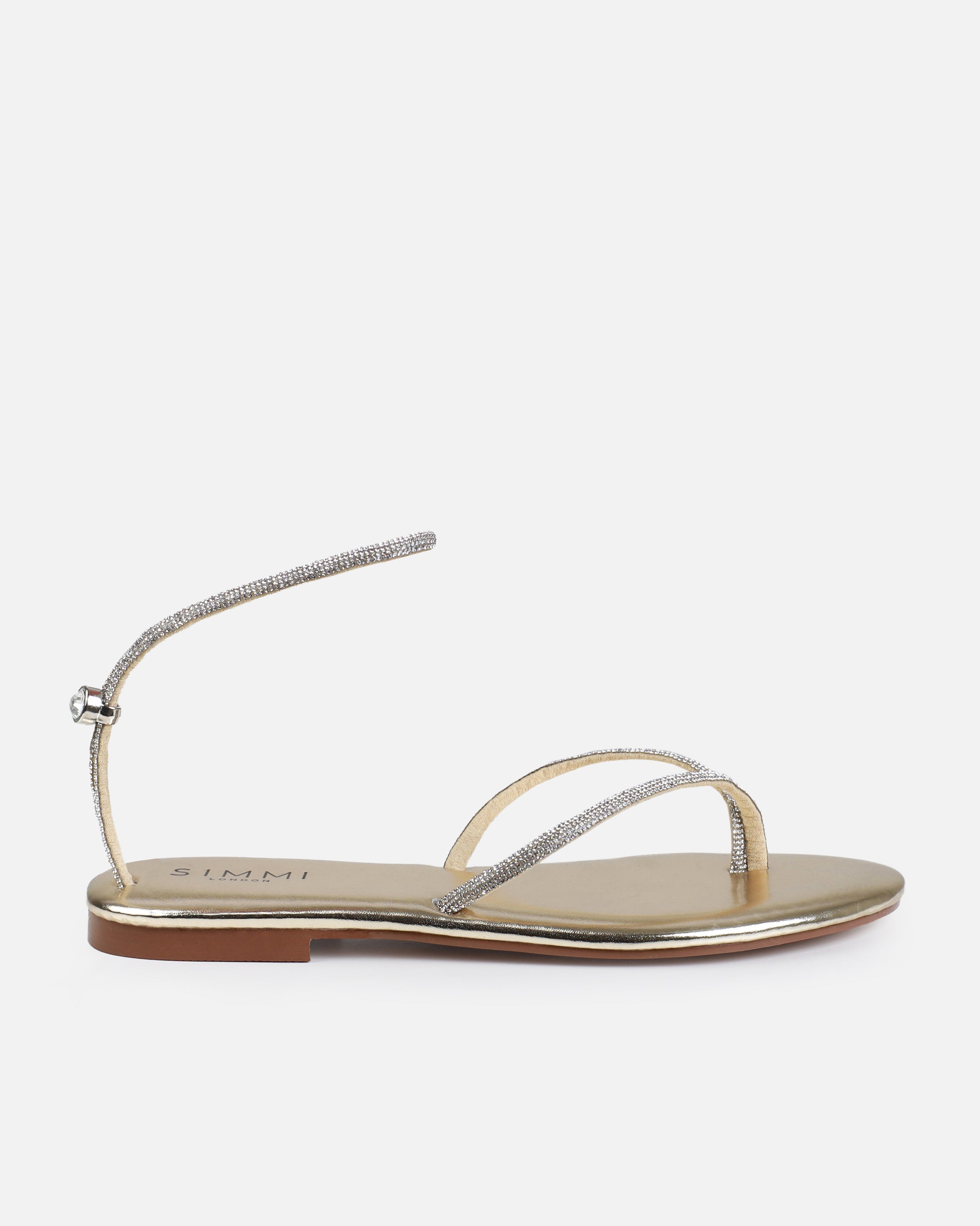 Elio Gold Diamante Toe Thong Toggle Flat Sandals | SIMMI London