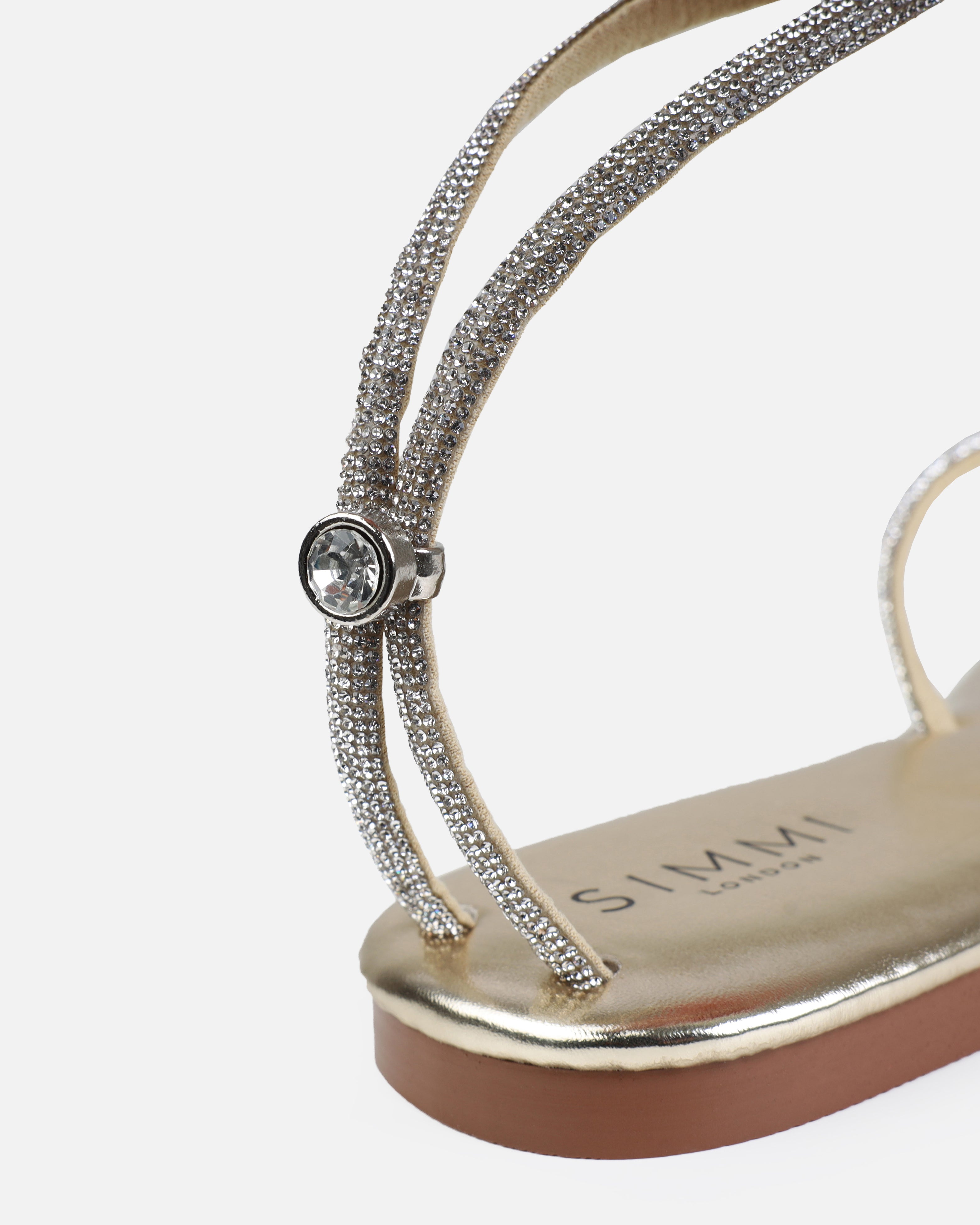 Elio Gold Diamante Toe Thong Toggle Flat Sandals | SIMMI London