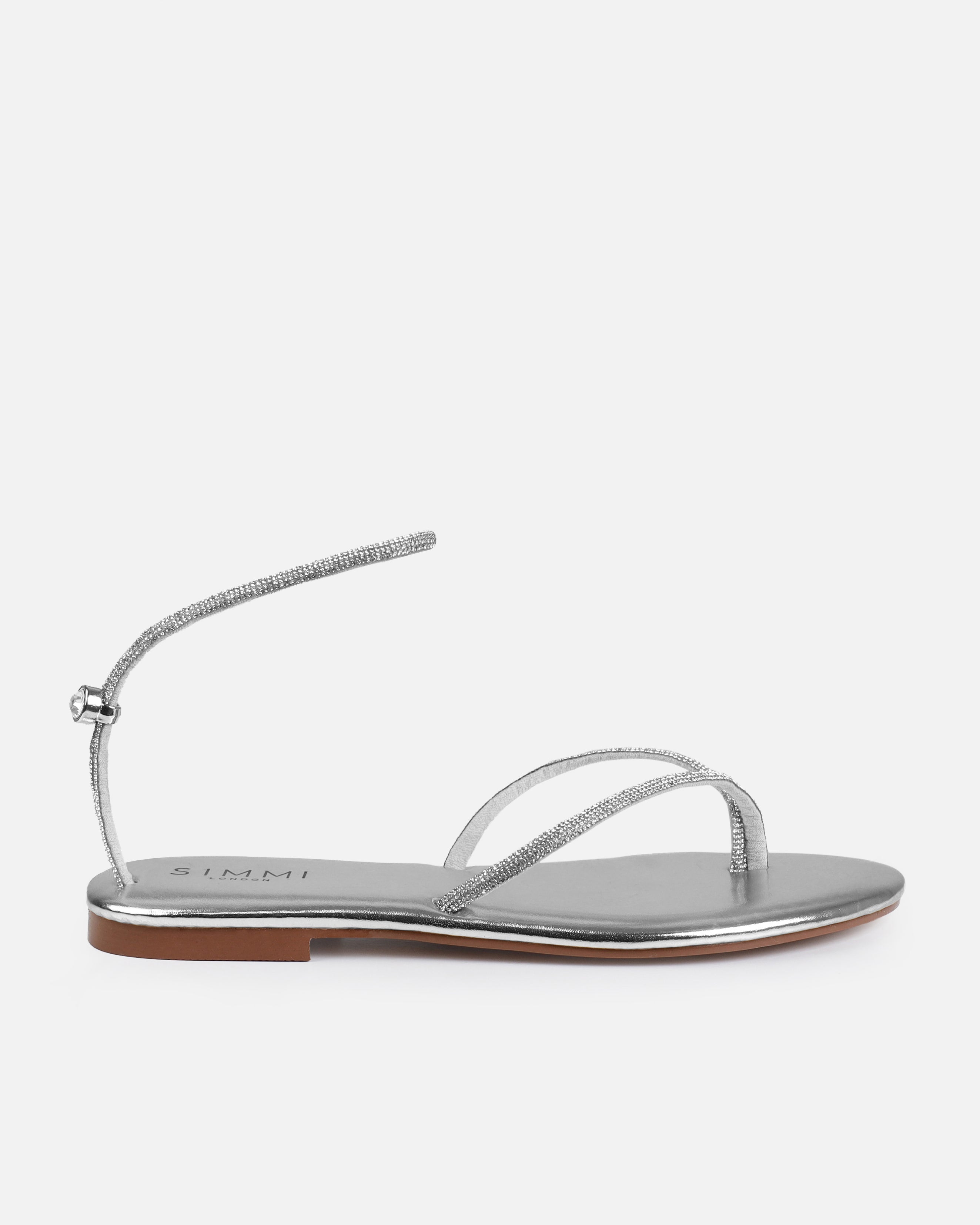 Elio Silver Diamante Toe Thong Toggle Flat Sandals | SIMMI London
