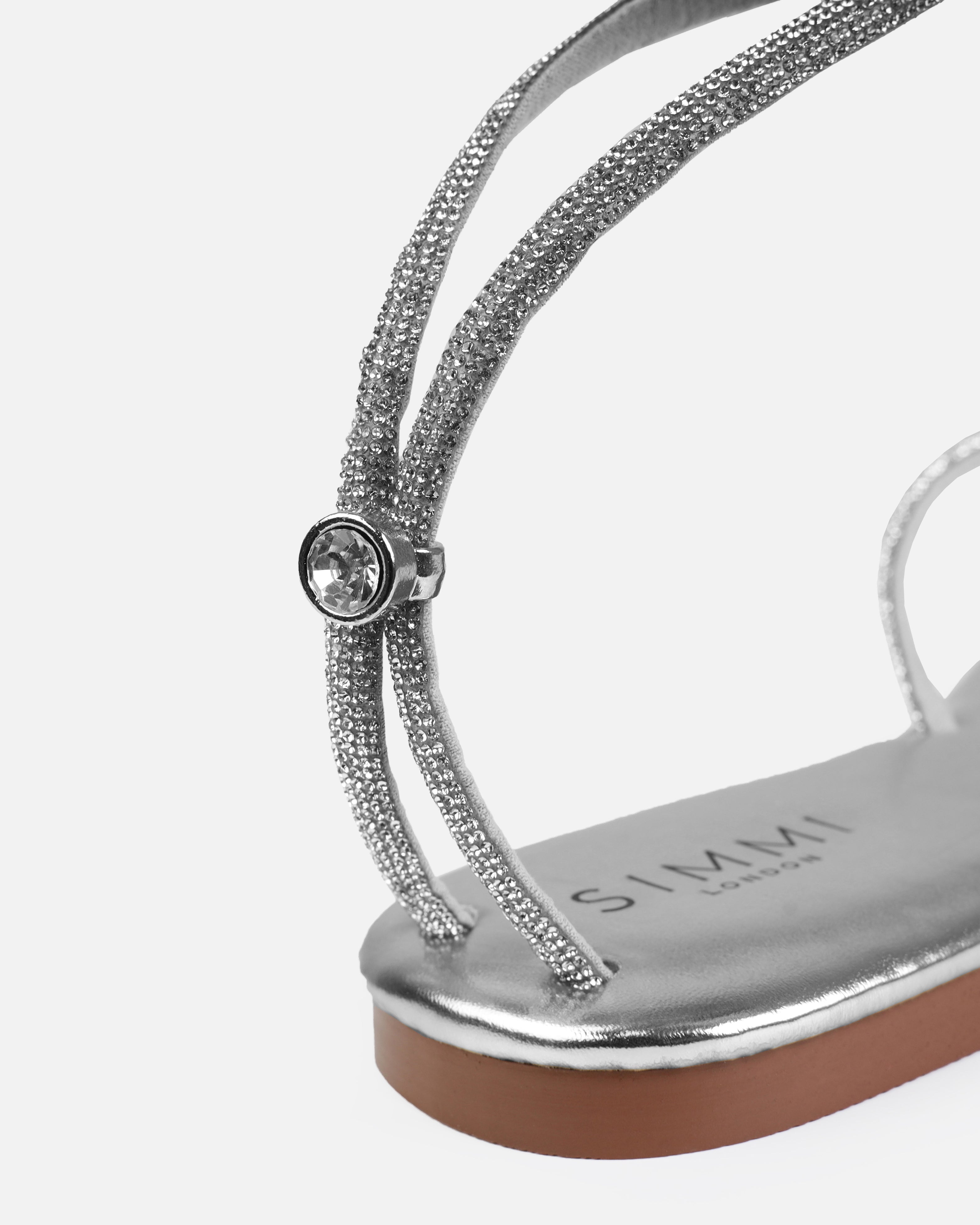 Elio Silver Diamante Toe Thong Toggle Flat Sandals | SIMMI London