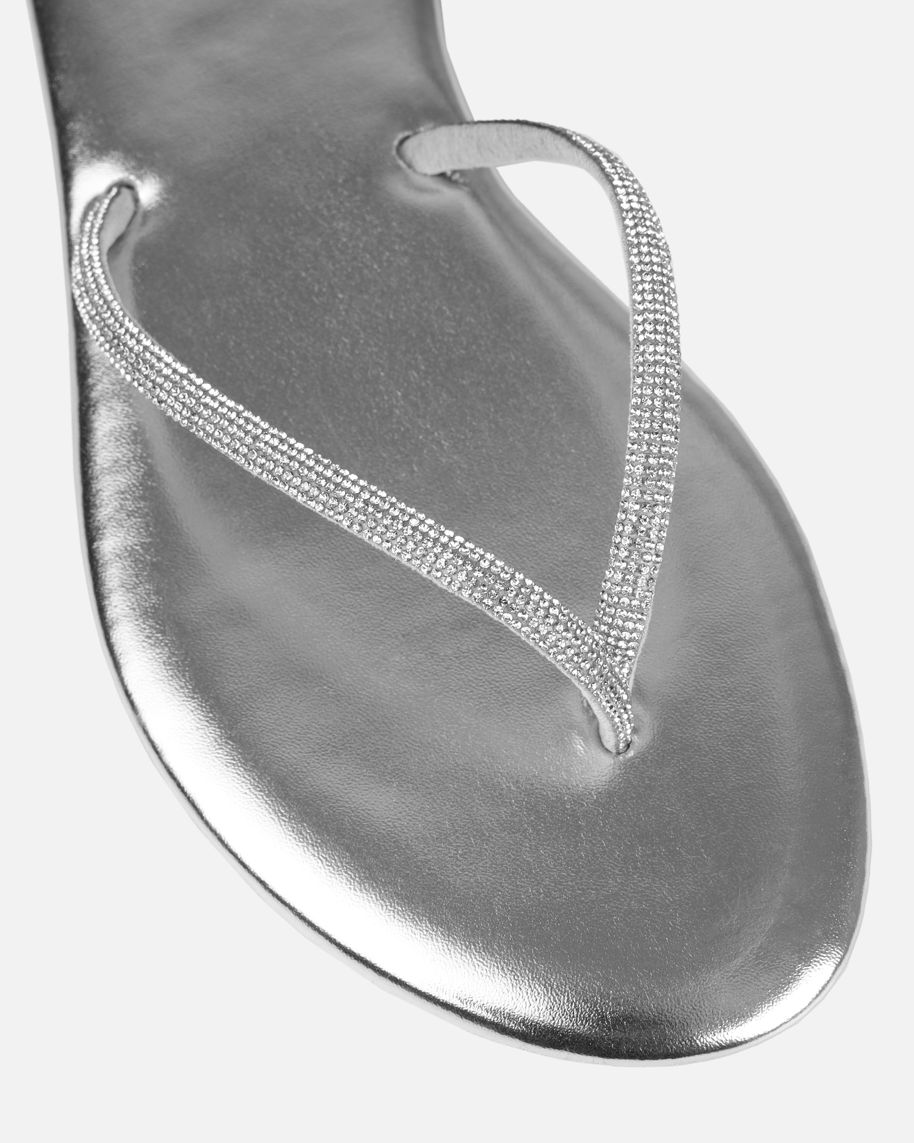 Elio Silver Diamante Toe Thong Toggle Flat Sandals | SIMMI London