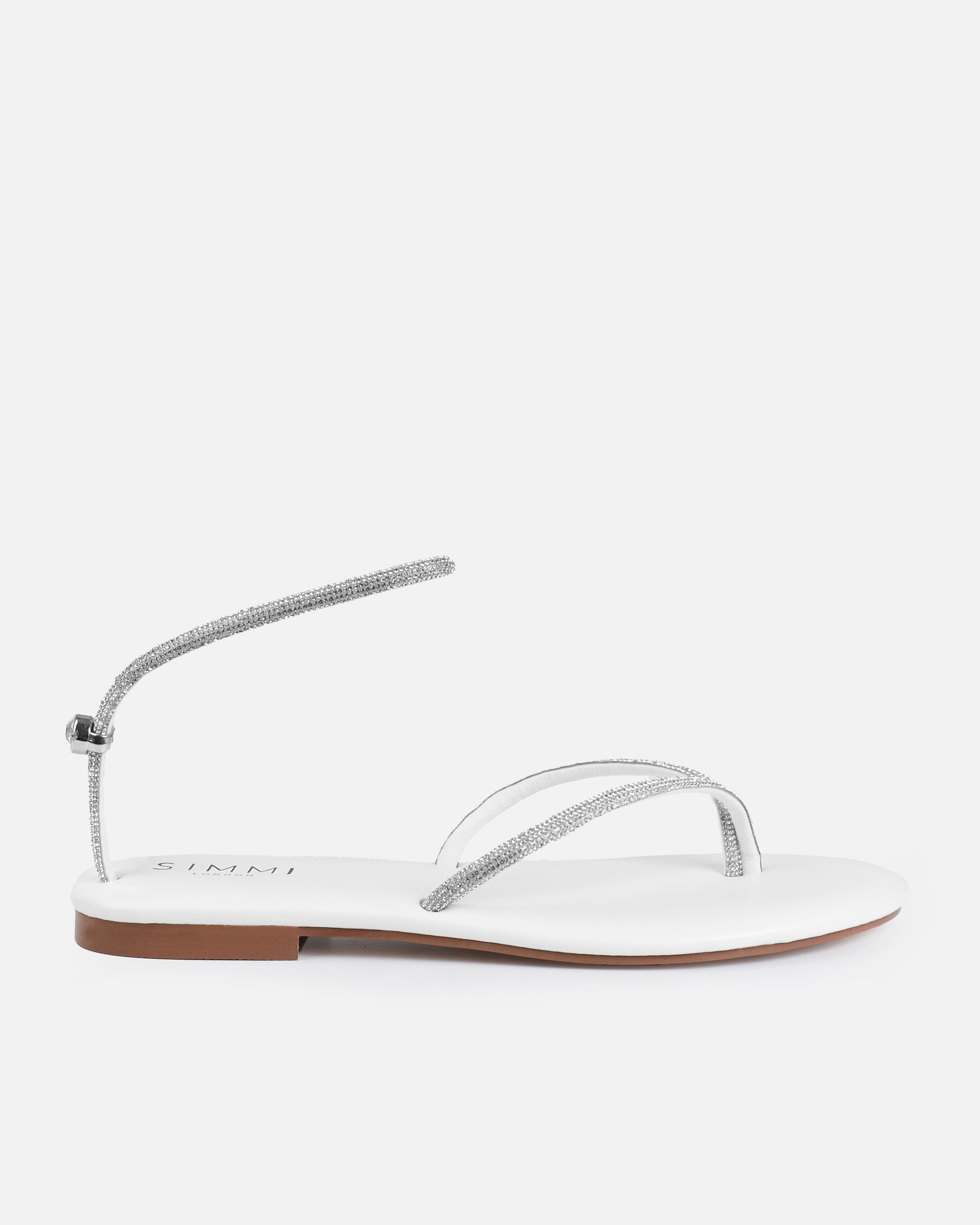 Elio White Diamante Toe Thong Toggle Flat Sandals | SIMMI London