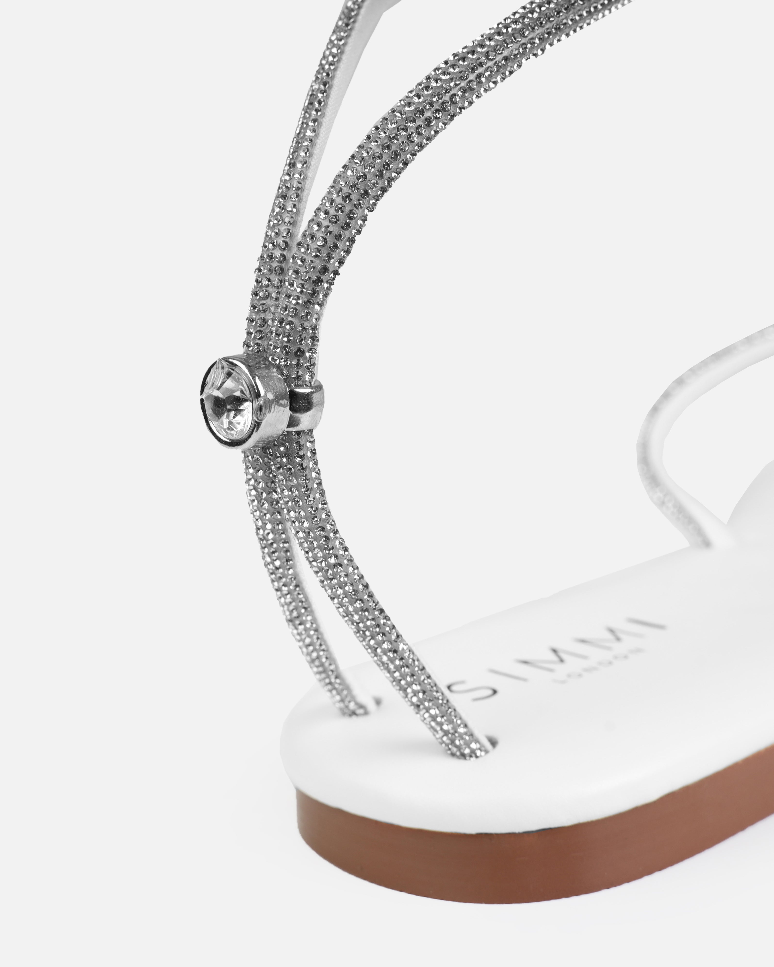Elio White Diamante Toe Thong Toggle Flat Sandals | SIMMI London