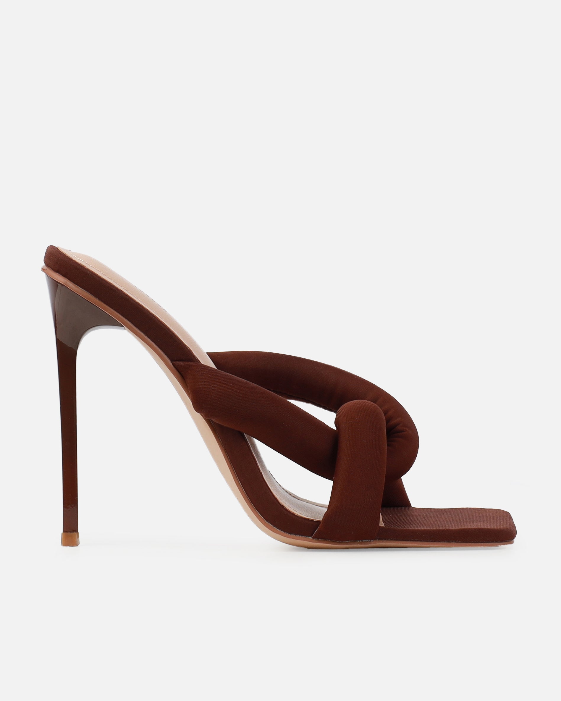 Mary Bedford Elliana Chocolate Lycra Padded Twist Mules | SIMMI London