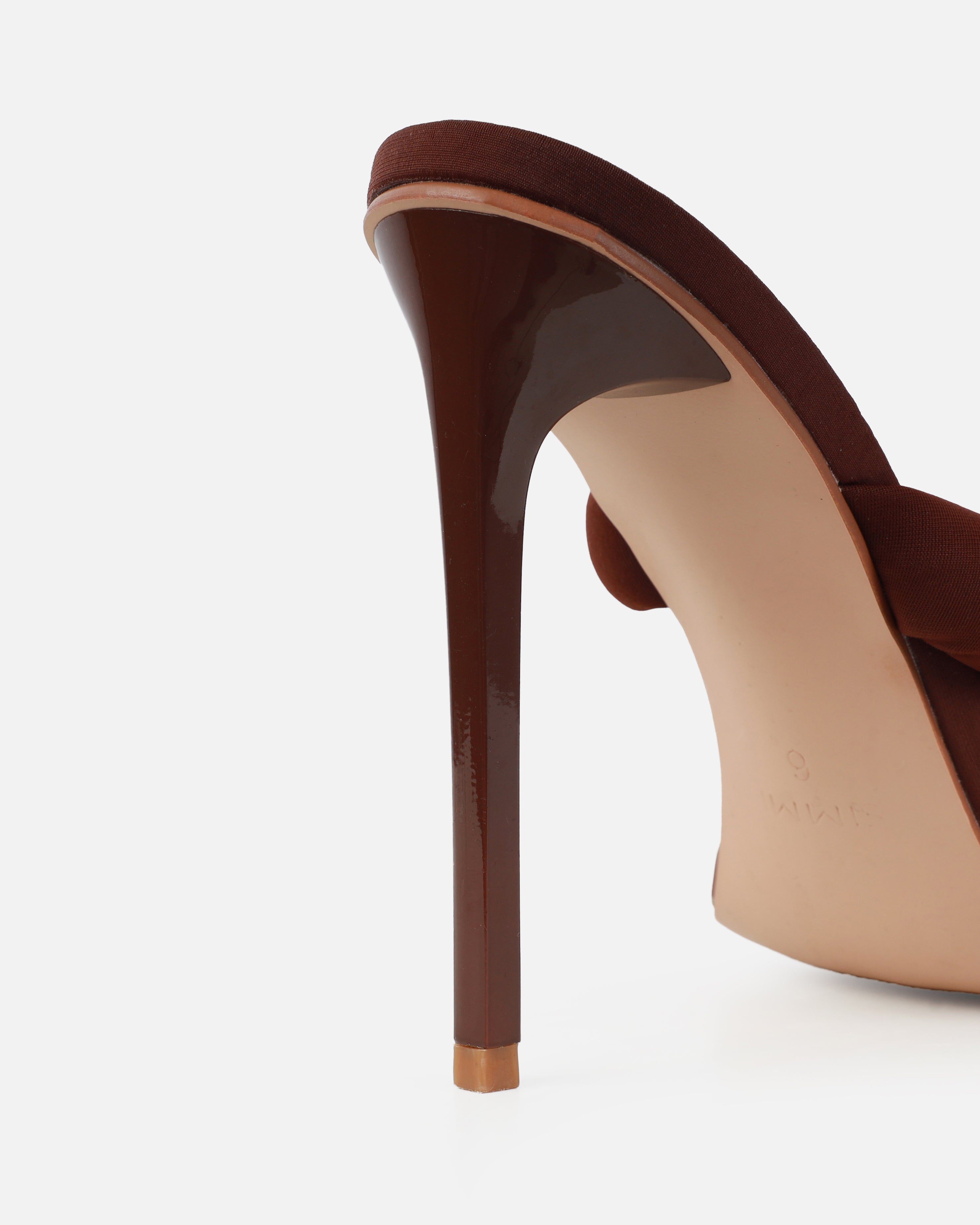 Mary Bedford Elliana Chocolate Lycra Padded Twist Mules | SIMMI London