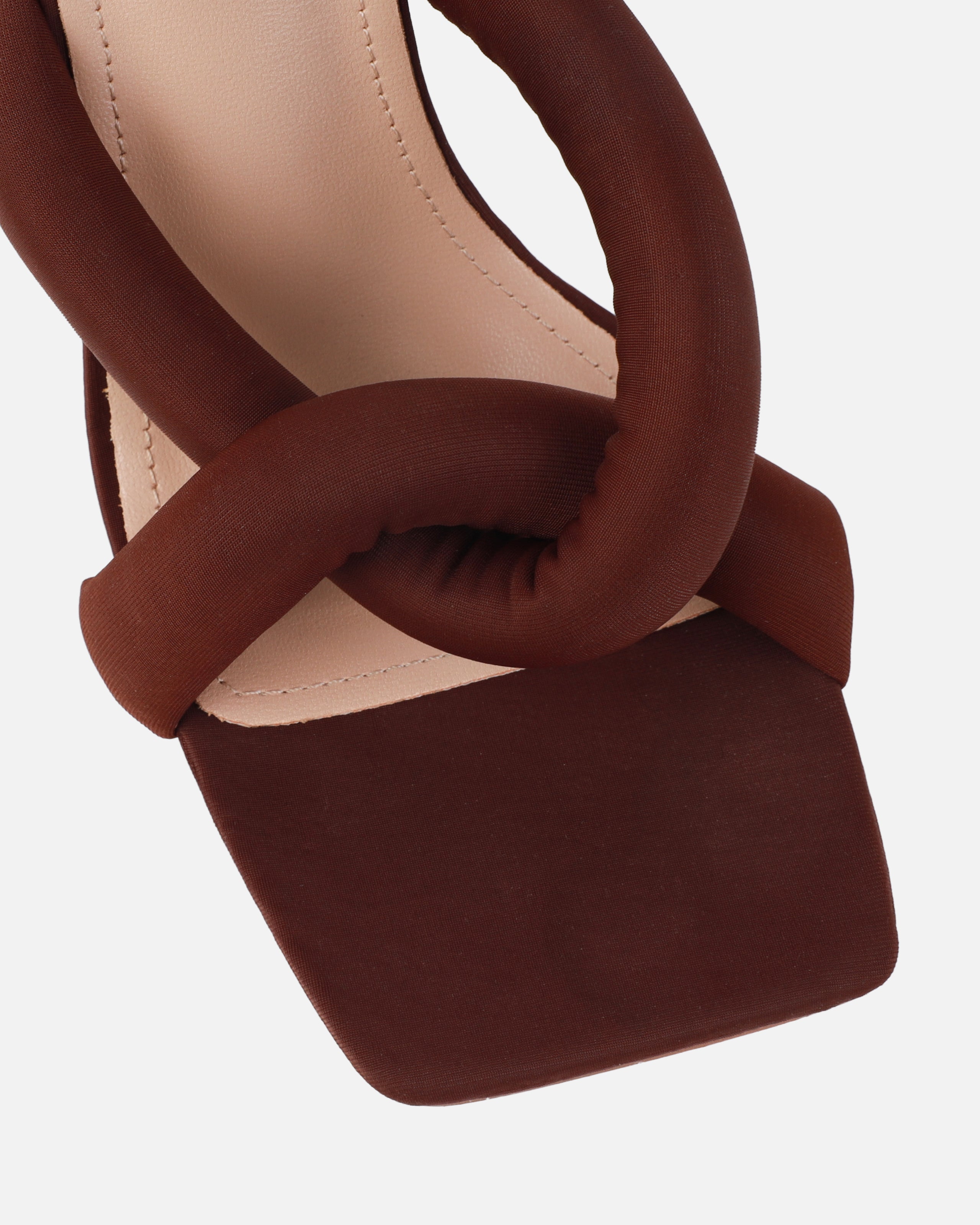 Mary Bedford Elliana Chocolate Lycra Padded Twist Mules | SIMMI London