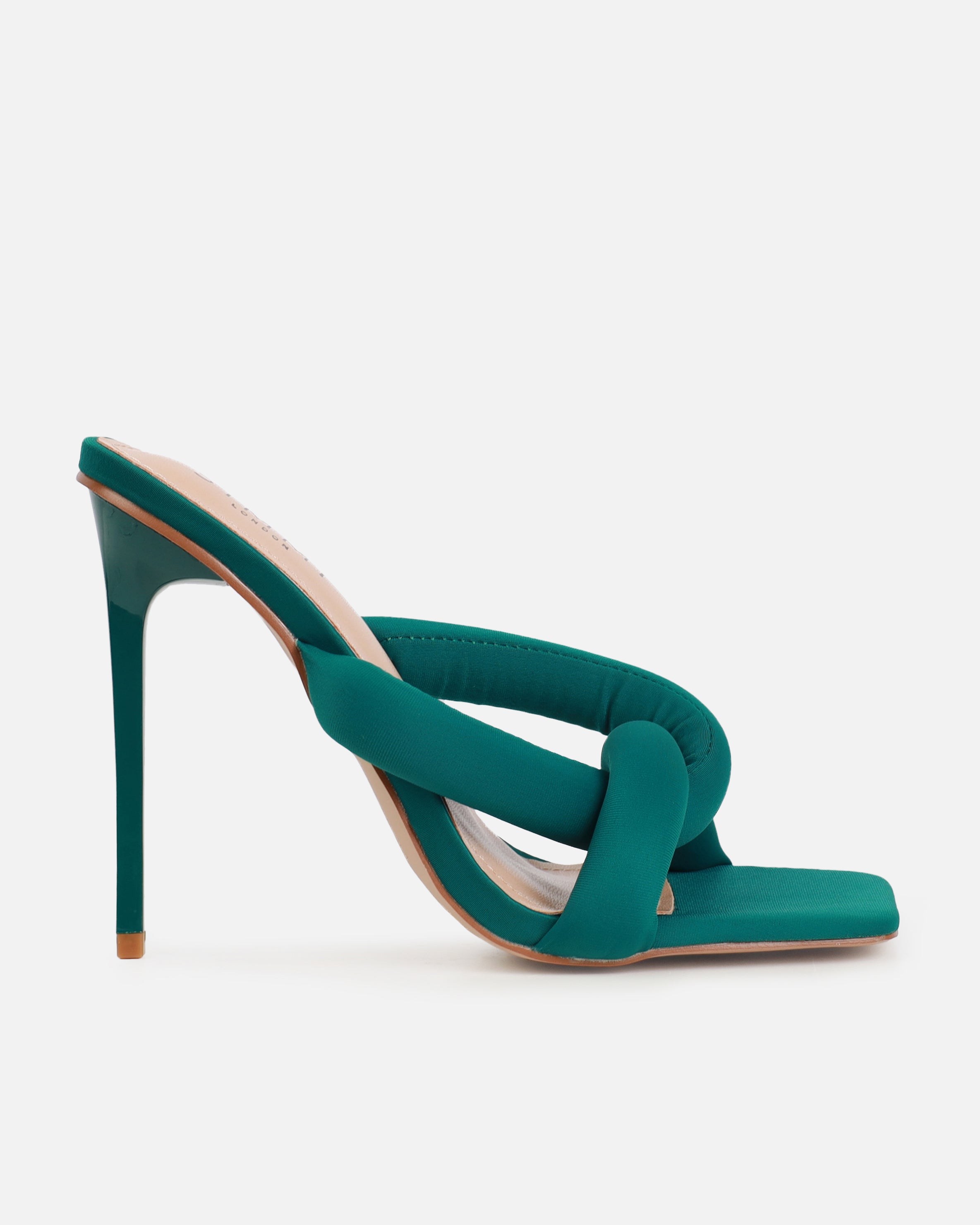 Elliana Dark Green Lycra Padded Twist Mules | SIMMI London